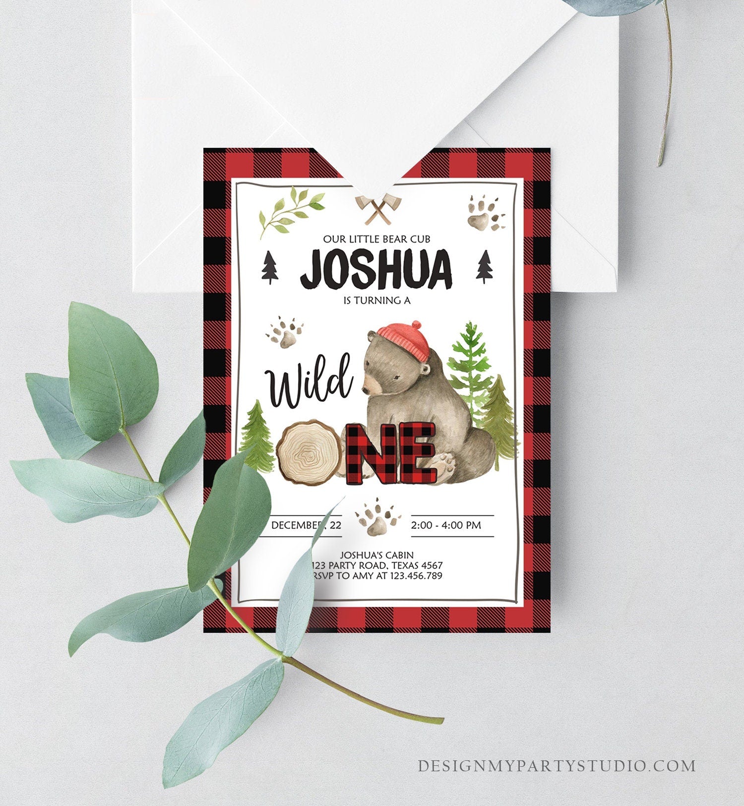Editable Lumberjack Wild One Birthday Invitation First Birthday Forest Trees Red Plaid Outdoor Bear Boy 1st Printable Corjl Template 0026