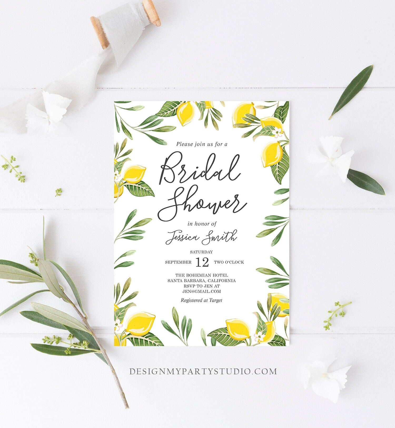 Editable Lemon Bridal Shower Invitation Bohemian Citrus Rustic Greenery Summer Wedding Lemonade Download Corjl Template Printable 0220