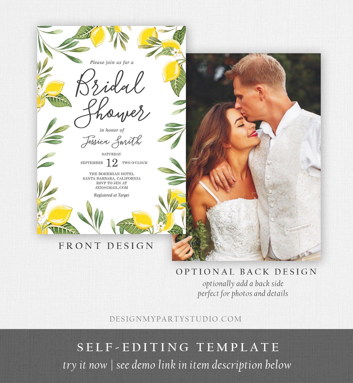 Editable Lemon Bridal Shower Invitation Bohemian Citrus Rustic Greenery Summer Wedding Lemonade Download Corjl Template Printable 0220