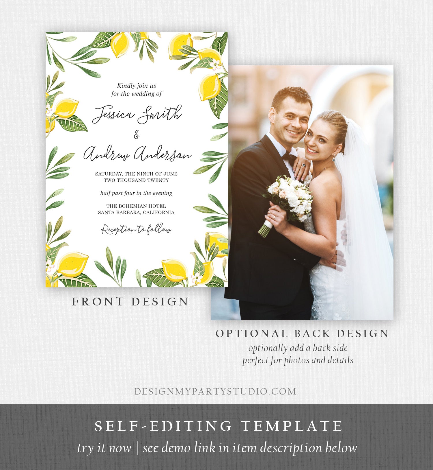 Editable Lemon Wedding Invitation Bohemian Citrus Rustic Greenery Summer Bridal Shower Lemonade Download Corjl Template Printable 0220