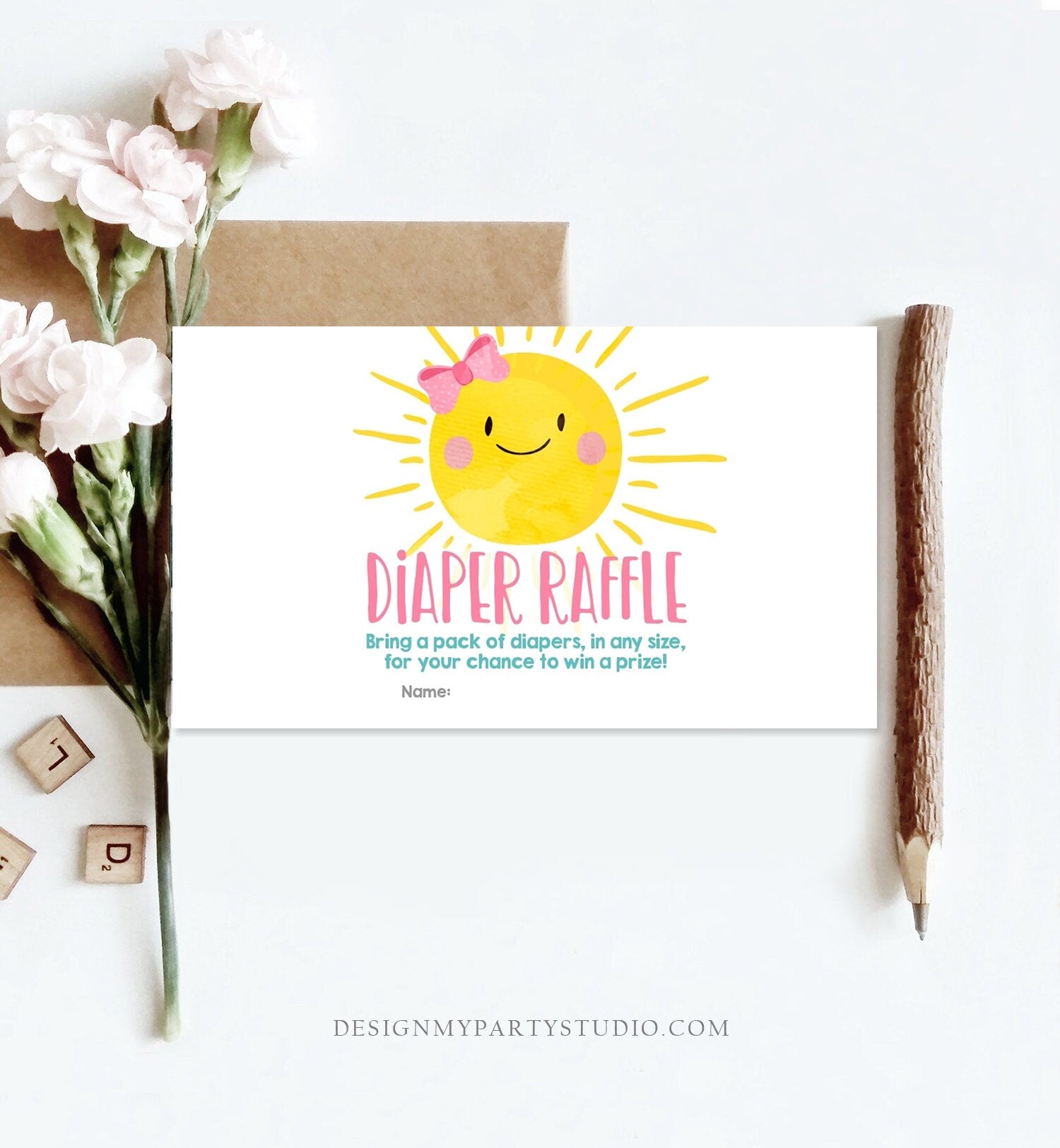 Editable Sunshine Diaper Raffle Ticket Ray of Sunshine Baby Shower Girl Pink Bow Game Little Sunshine Ticket Corjl Template Printable 0141