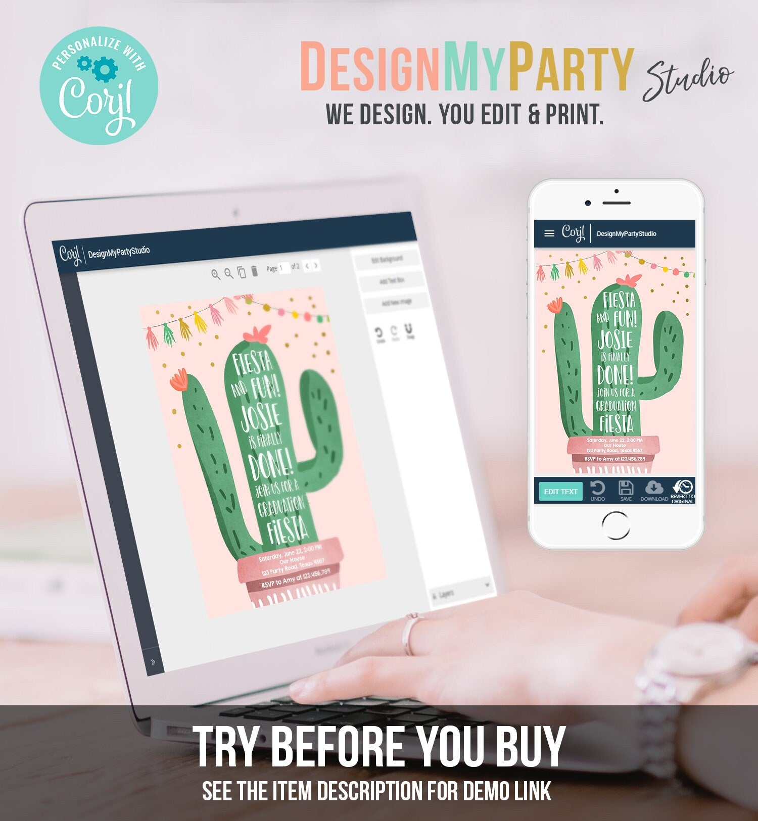 Editable Graduation Fiesta and Fun Party Invitation Finally Done Let's Fiesta Cactus College High School Grad Corjl Template Printable 0255