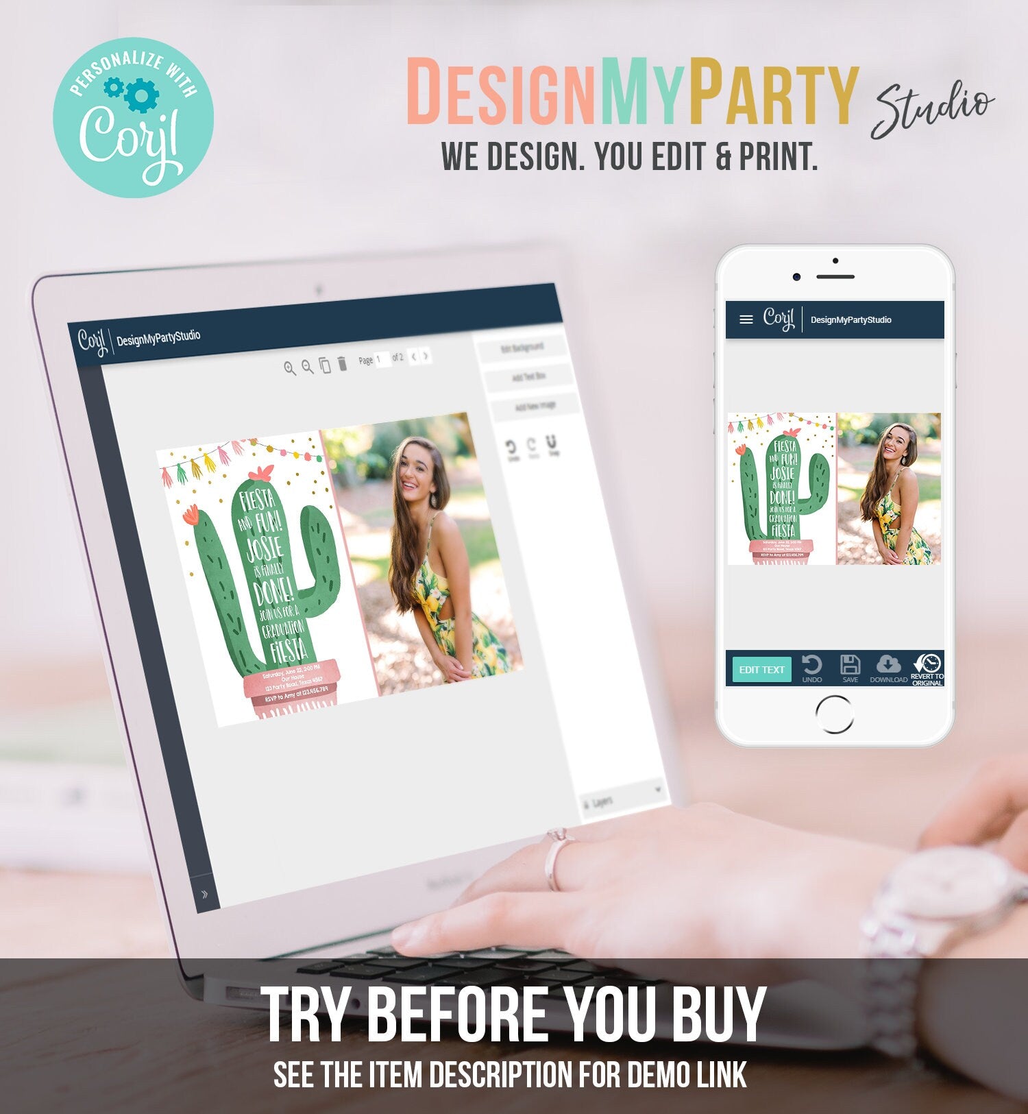 Editable Graduation Fiesta and Fun Party Invitation Finally Done Let's Fiesta Cactus College High School Grad Corjl Template Printable 0255