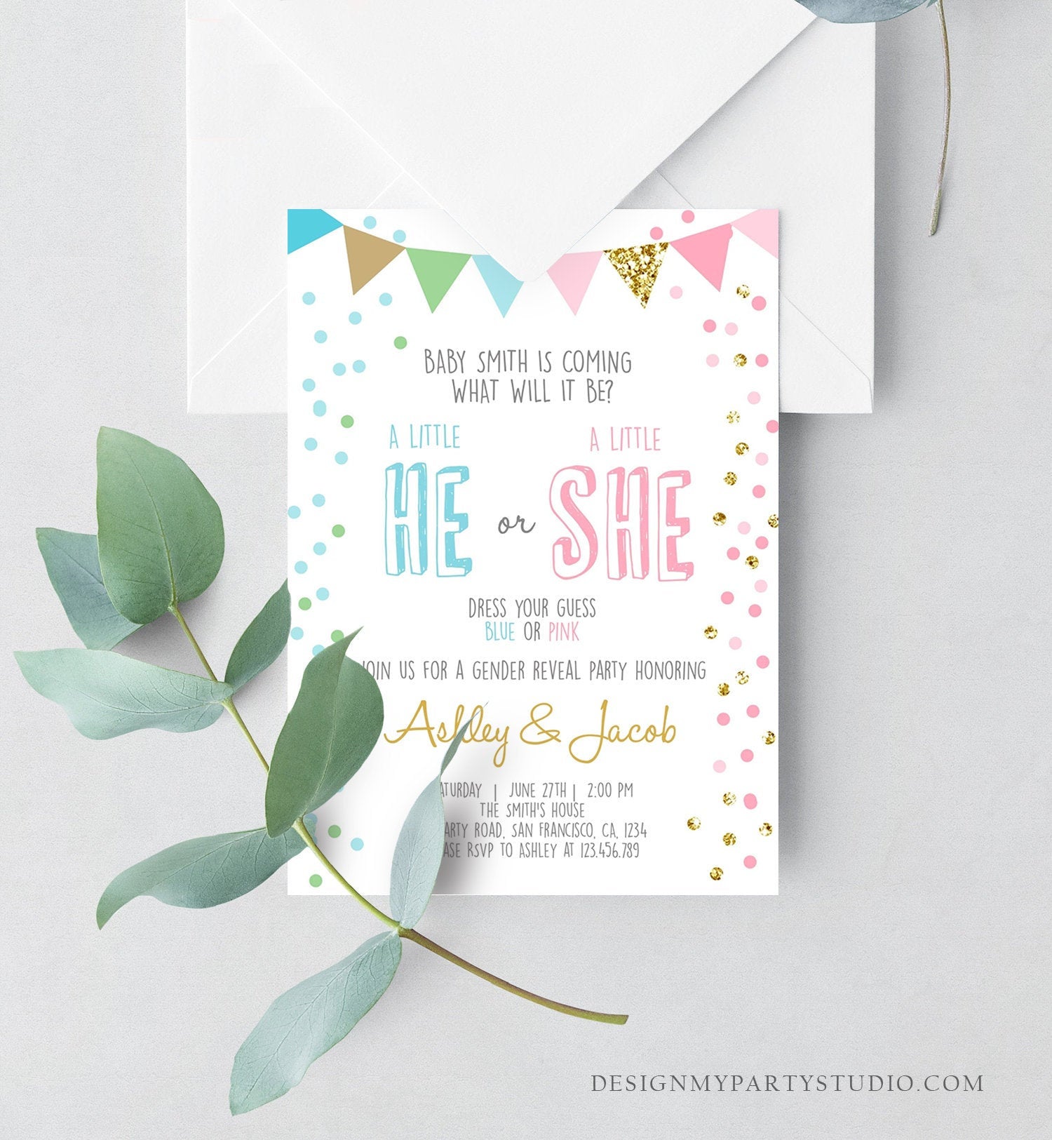 Editable Gender Reveal Invitation Confetti Blue or Pink Gold Boy or Girl He or She Rustic Instant Download Printable Template Corjl 0228