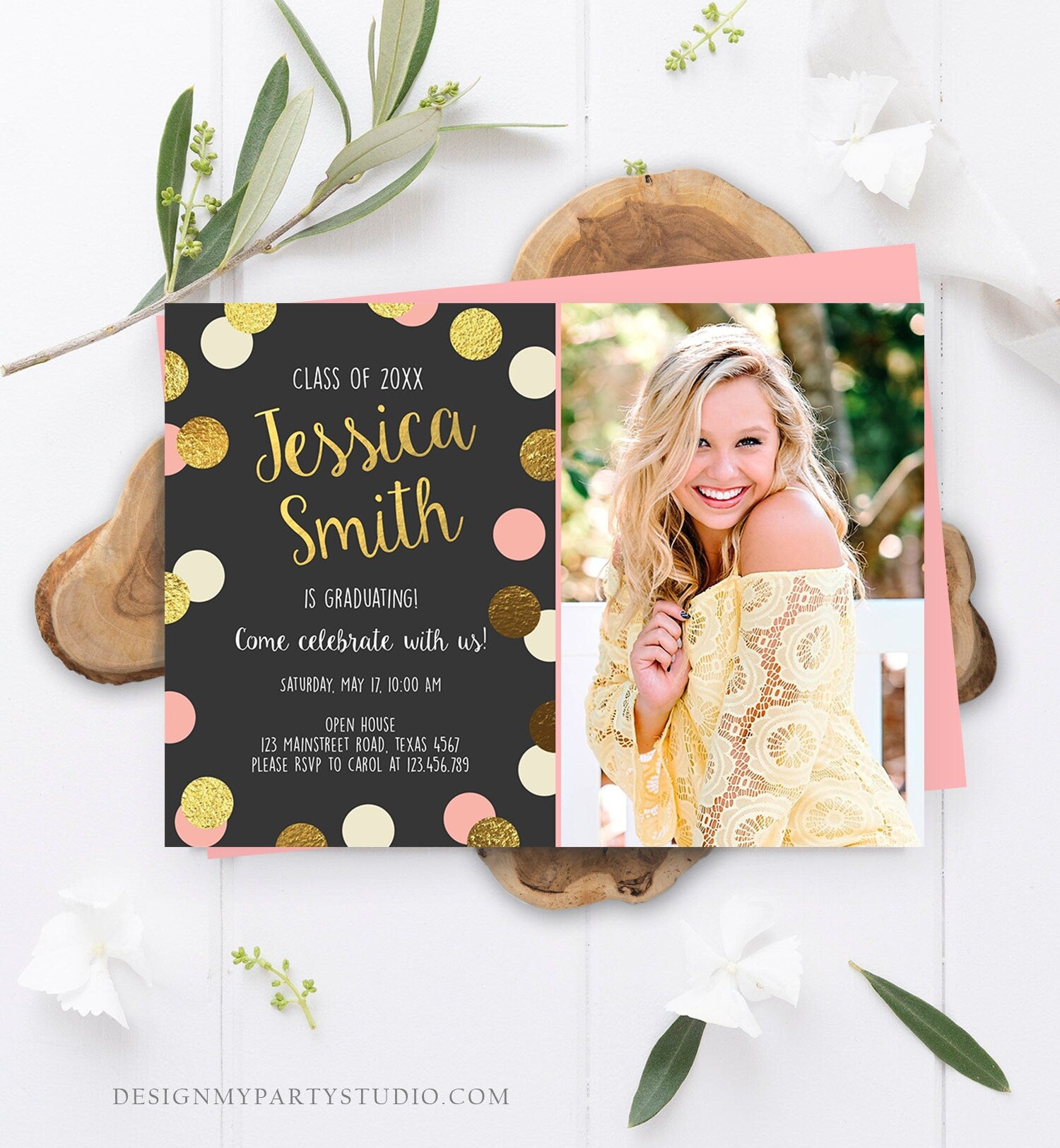 Editable Graduation Party Invitation Gold Pink Girl Polka Dots Glamorous College High School Grad Download Corjl Template Printable 0304