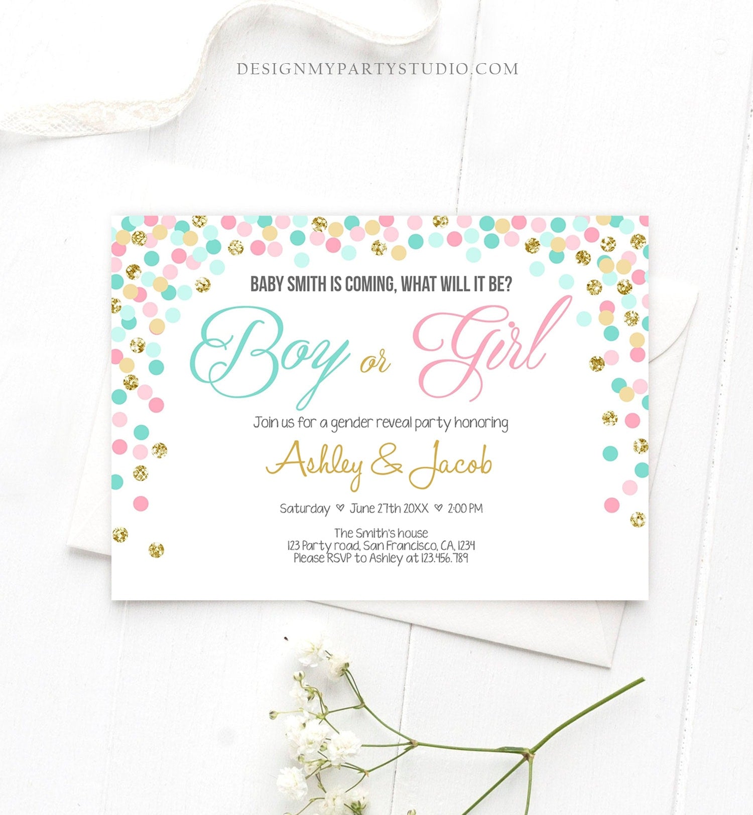 Editable Gender Reveal Invitation Confetti Blue or Pink Gold Boy or Girl He or She Rustic Instant Download Printable Template Corjl 0133