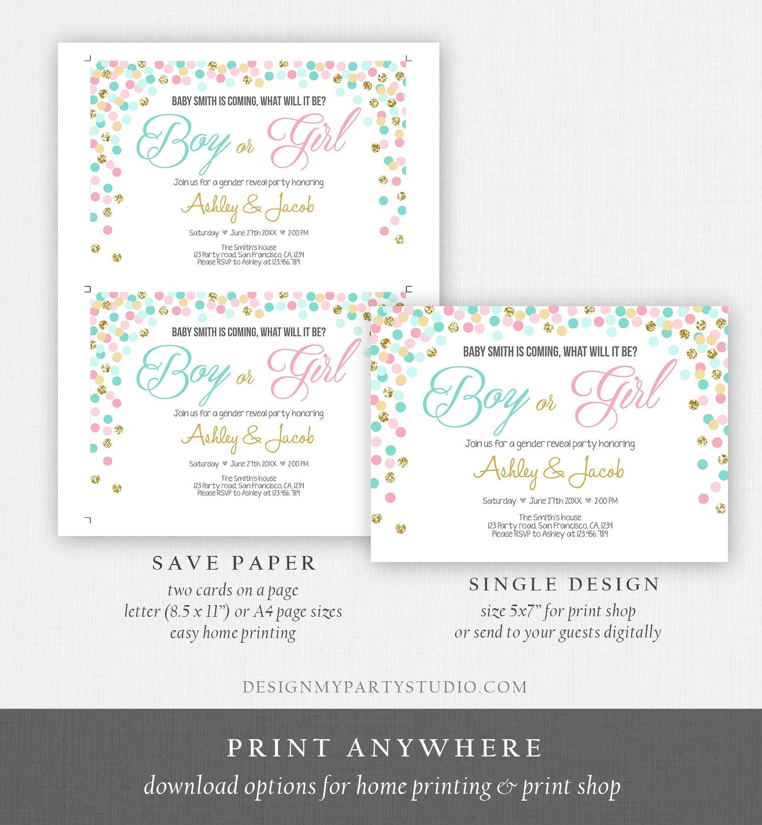 Editable Gender Reveal Invitation Confetti Blue or Pink Gold Boy or Girl He or She Rustic Instant Download Printable Template Corjl 0133