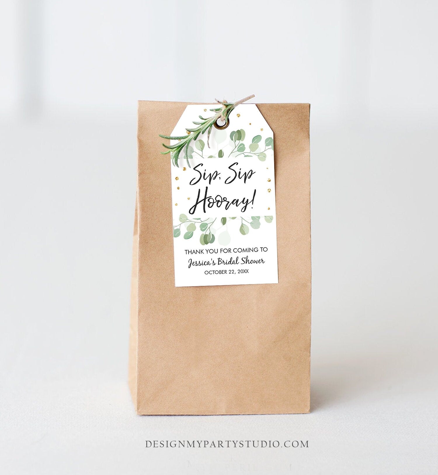 Editable Sip Sip Hooray Bridal Shower Eucalyptus Thank You Tags Wine Bottle Favor Watercolor Greenery Gold Champagne Wedding Corjl 0029