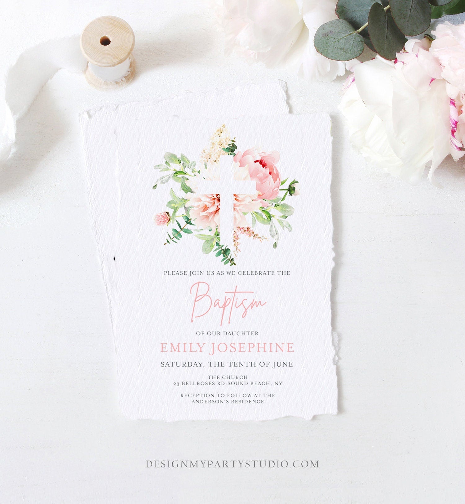 Editable Floral Baptism Invitation Pink Girl Botanical Flowers Greenery Pastel Watercolor Peony Colors Digital Corjl Template Printable 0167