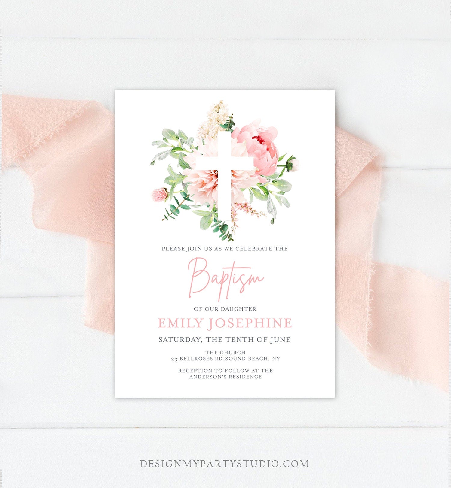 Editable Floral Baptism Invitation Pink Girl Botanical Flowers Greenery Pastel Watercolor Peony Colors Digital Corjl Template Printable 0167
