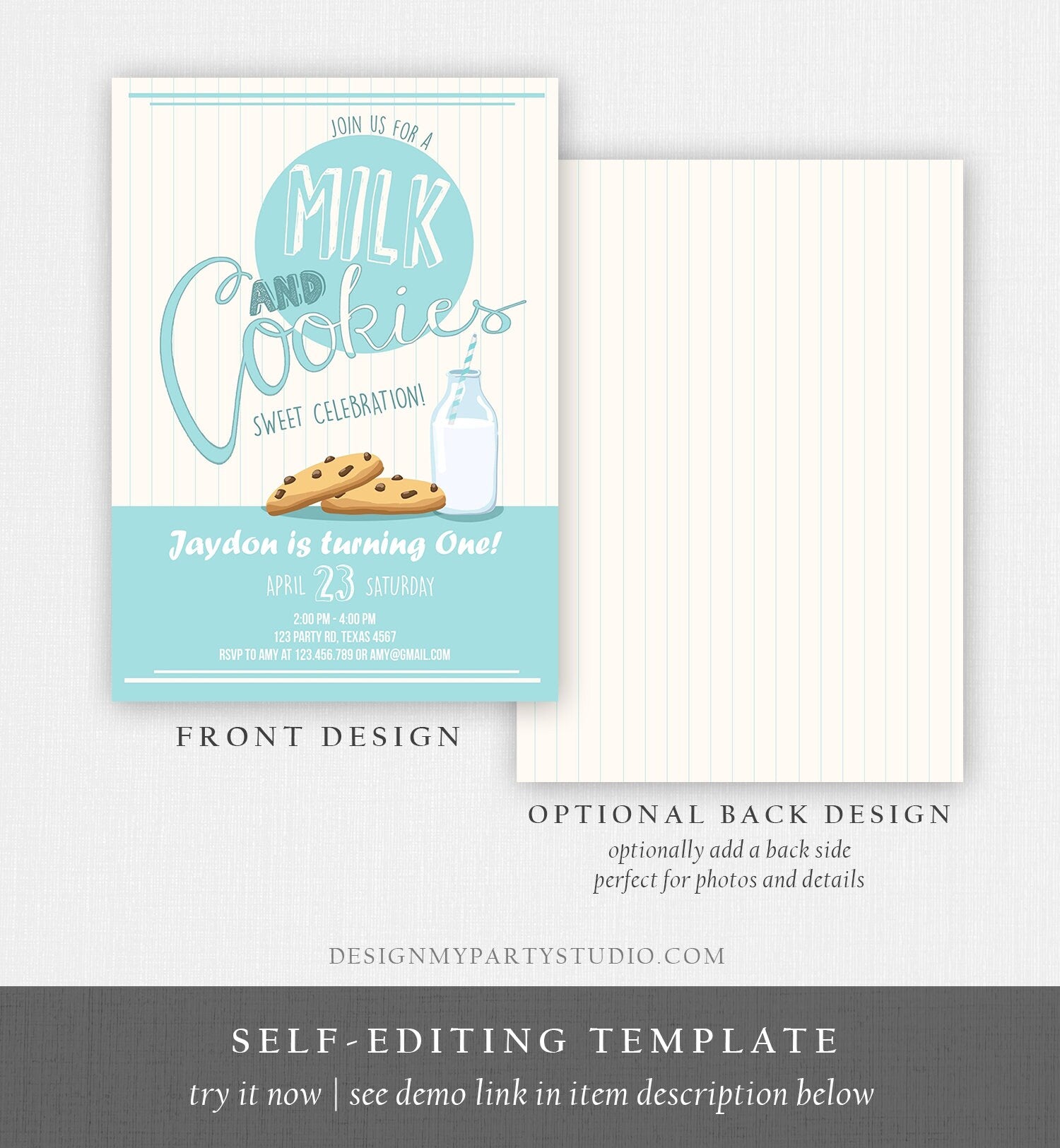 Editable Milk and Cookies Birthday Invitation Milk & Cookies Party Boy Birthday Blue First Birthday Printable Download Template Corjl 0088
