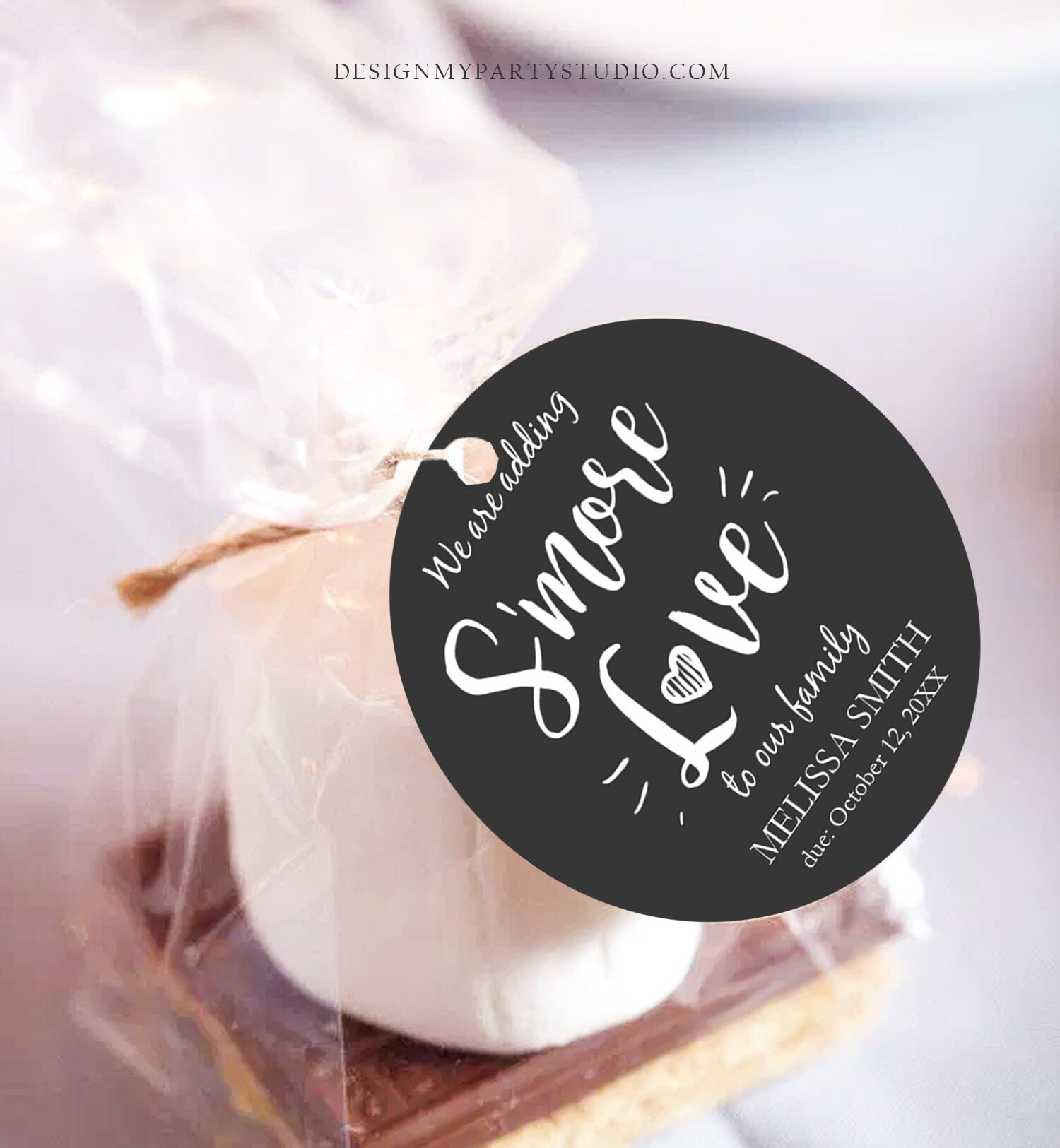 Editable Smore Love Favor Tag We Are Adding S'more Love To Our Family Square Round Baby Shower Favors Download Corjl Template PRINTABLE 0276