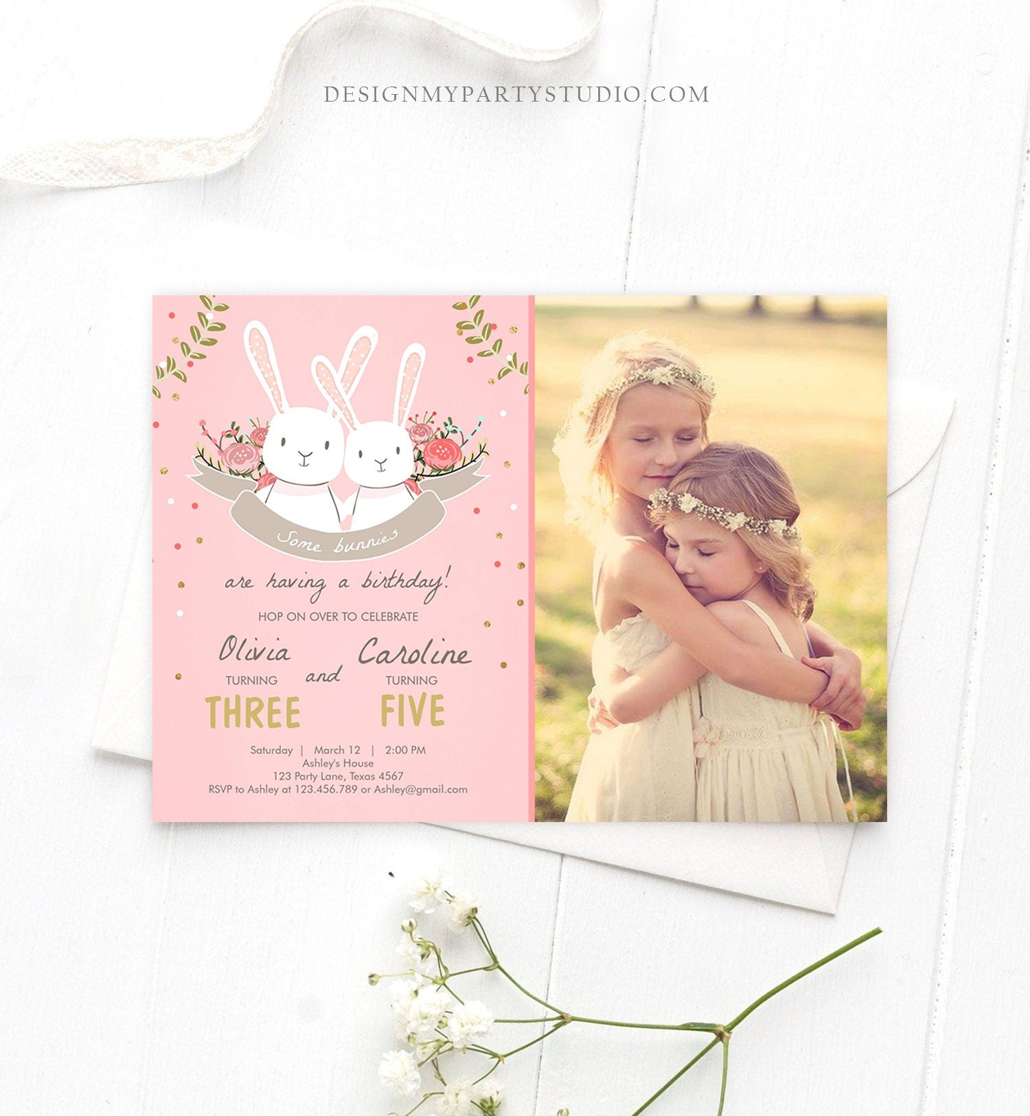 Editable Bunny Birthday Invitation Twins Birthday Pink Gold Twin Birthday Sisters Bunnies Printable Template Download Corjl Digital 0104