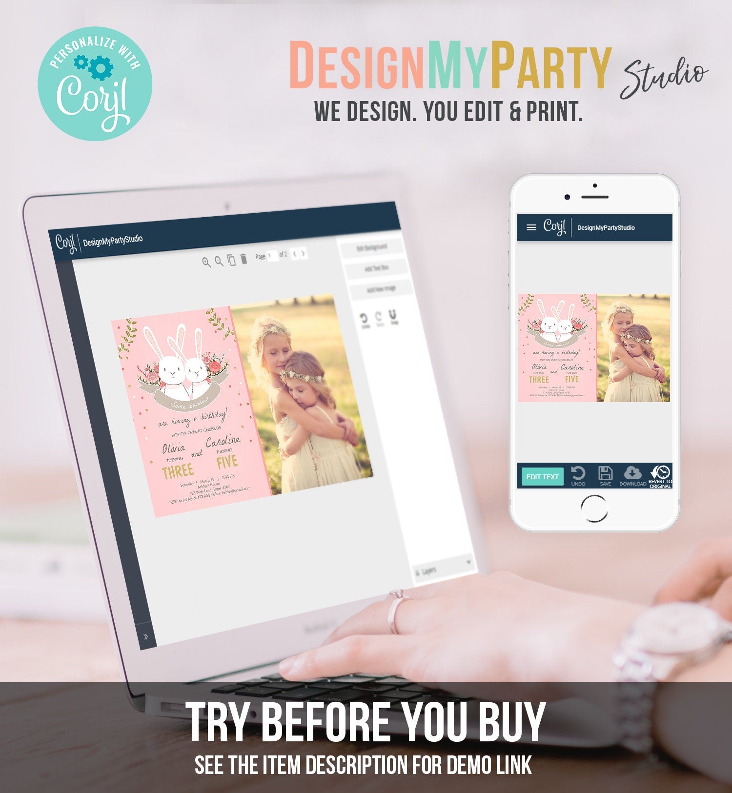 Editable Bunny Birthday Invitation Twins Birthday Pink Gold Twin Birthday Sisters Bunnies Printable Template Download Corjl Digital 0104