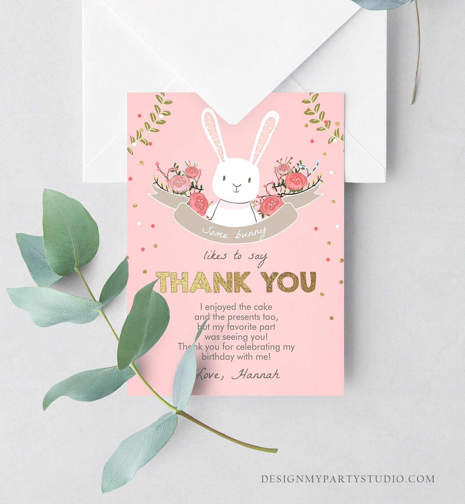 Editable Bunny Thank You Card Some Bunny Birthday Thank you Note Pink Gold Baby Shower Spring Download Printable Template Corjl Digital 0104