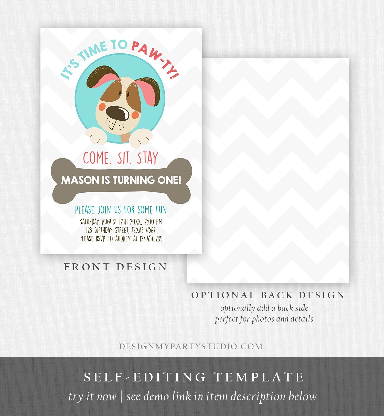 Editable Dog Invitation Dog Party Puppy Party Invite Dog Birthday paw-ty Invite Blue Boy Dog Theme Download Printable Template Corjl 0048