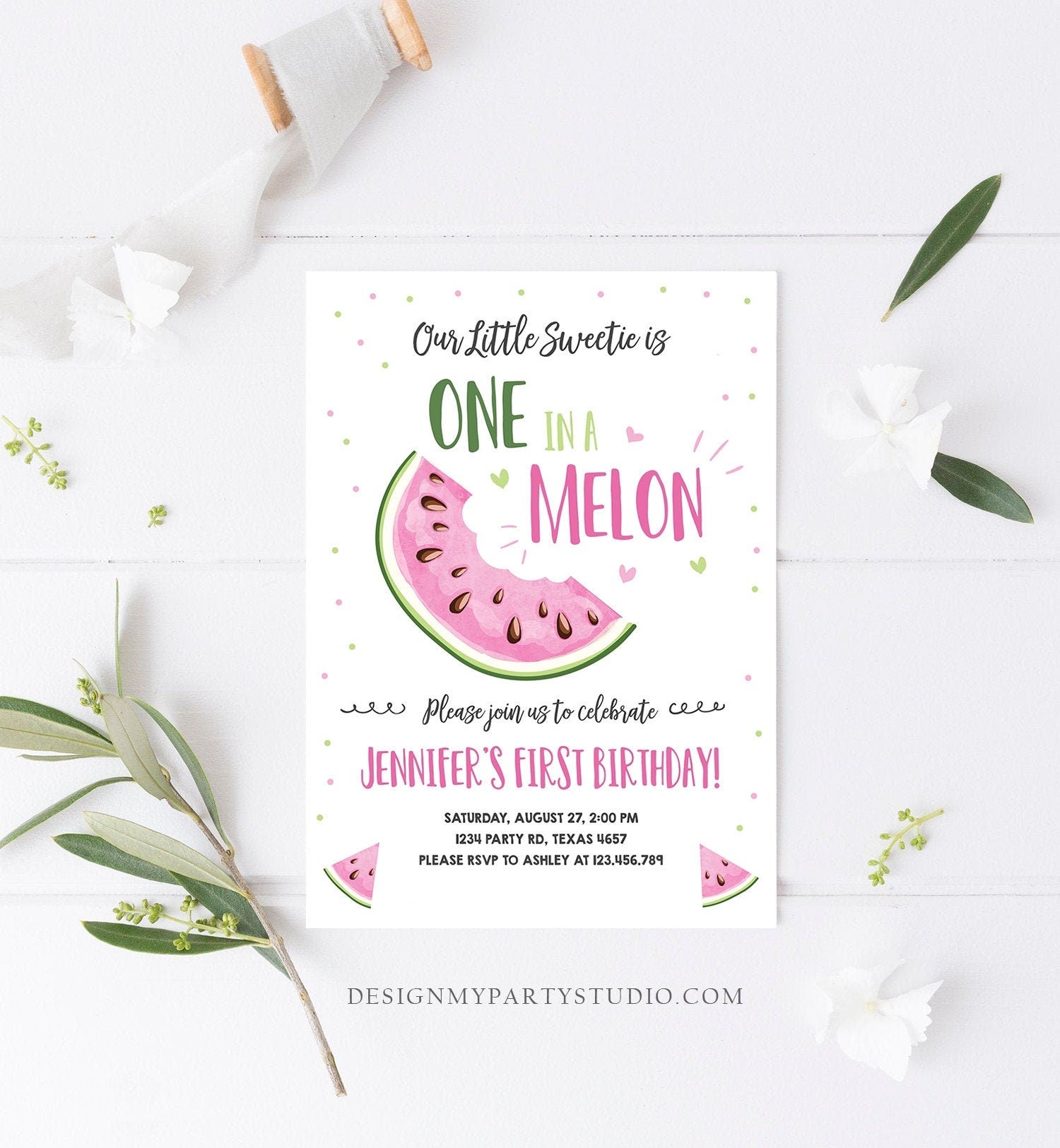 Editable Watermelon Birthday Invitation Girl Pink Red One in a Melon Party Summer Fruit First Birthday 1st Corjl Template Printable 0326