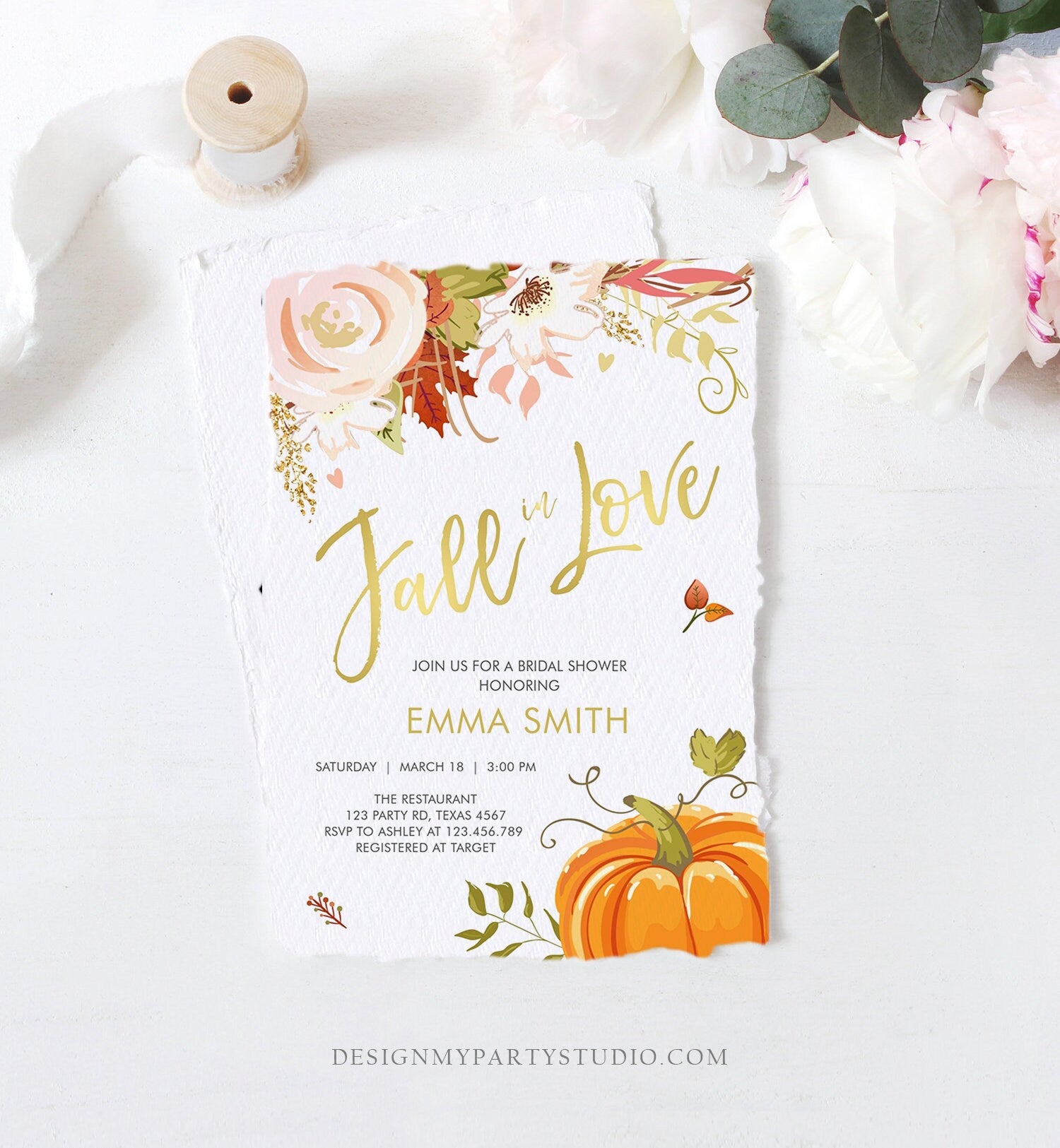 Editable Fall in Love Bridal Shower Invitation Pumpkin Autumn Floral Flowers Pink Gold Rustic Party Engagement Wedding Corjl Template 0176