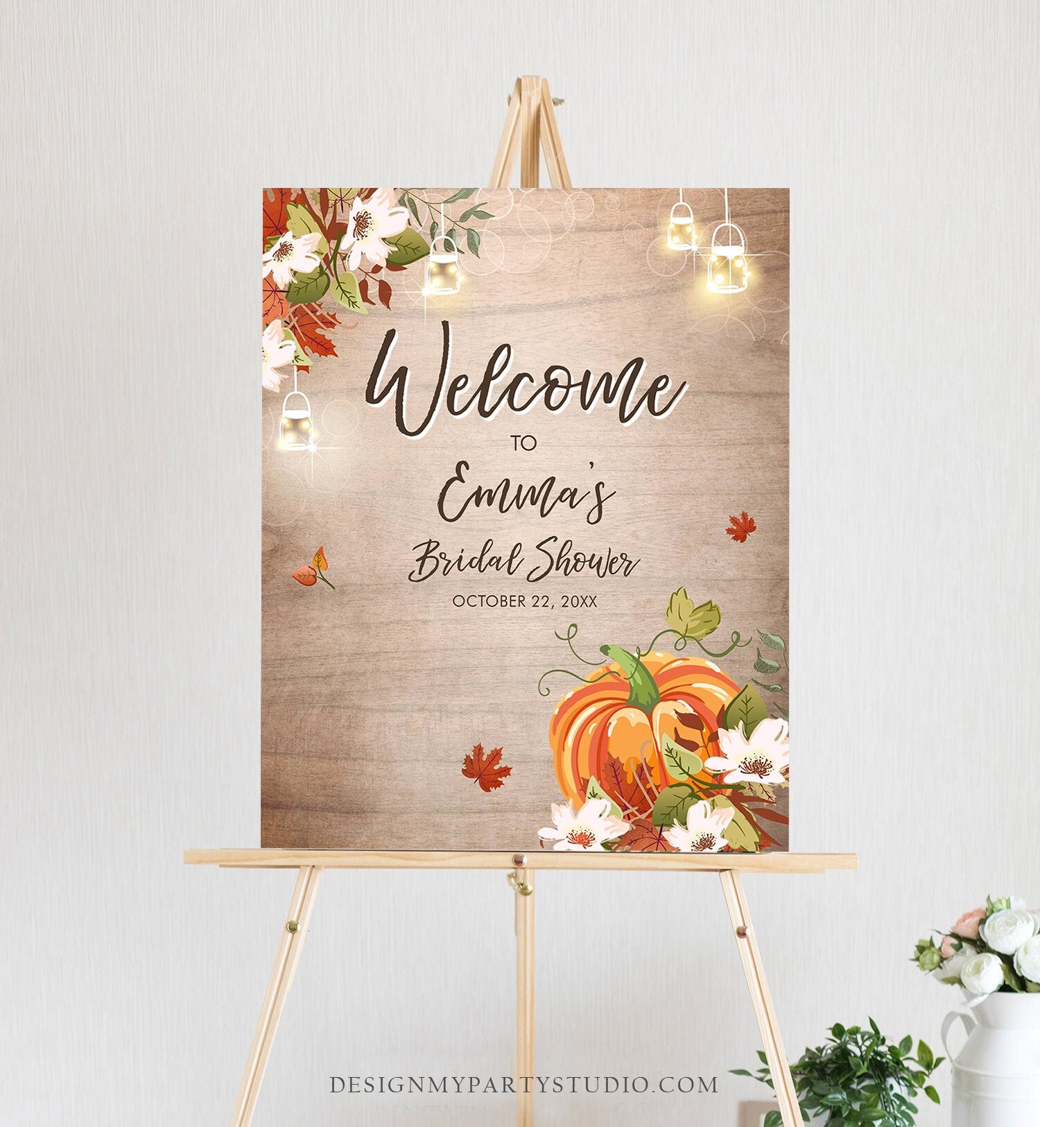 Editable Pumpkin Welcome Sign Fall in Love Autumn Bridal Shower Wedding Baby Shower Birthday Table Sign Rustic Floral Corjl Template 0176