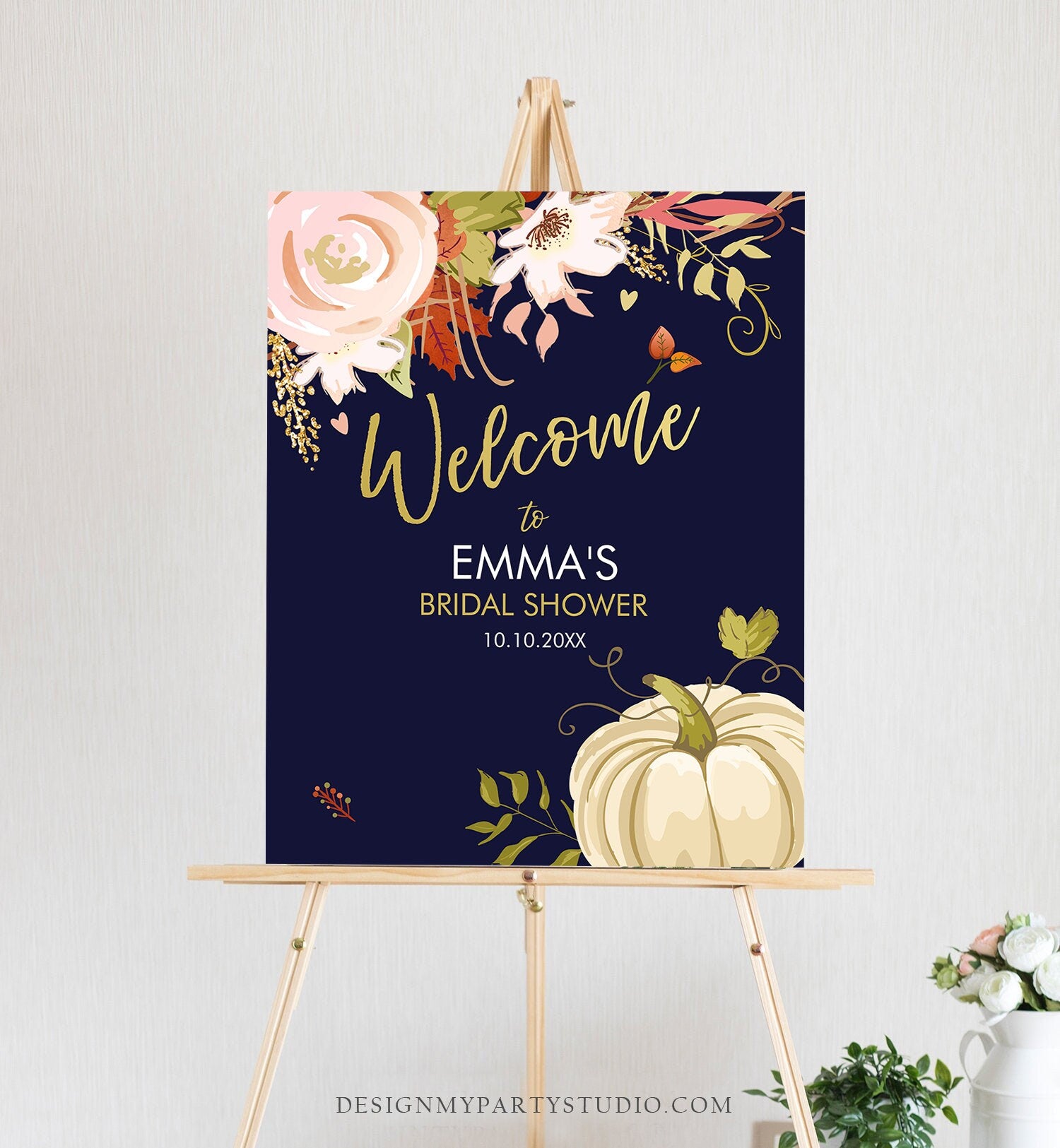 Editable Pumpkin Welcome Sign Fall in Love Autumn Bridal Shower Wedding Baby Shower Birthday Table Sign Rustic Floral Corjl Template 0176