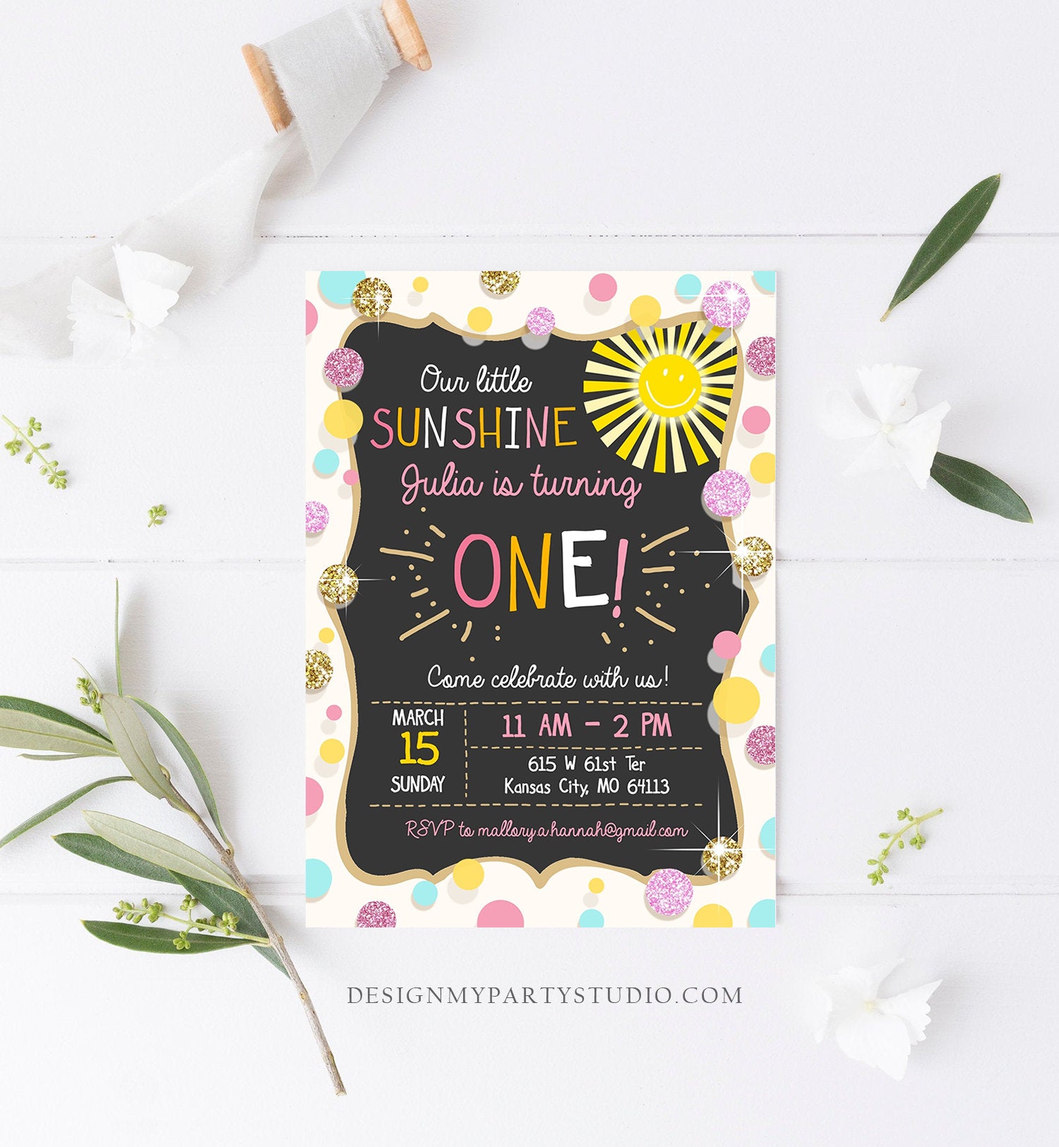 Editable Little Sunshine Birthday Invitation You are My Sunshine Lemonade Girl First Birthday Pink Gold 1st Corjl Template Printable 0097