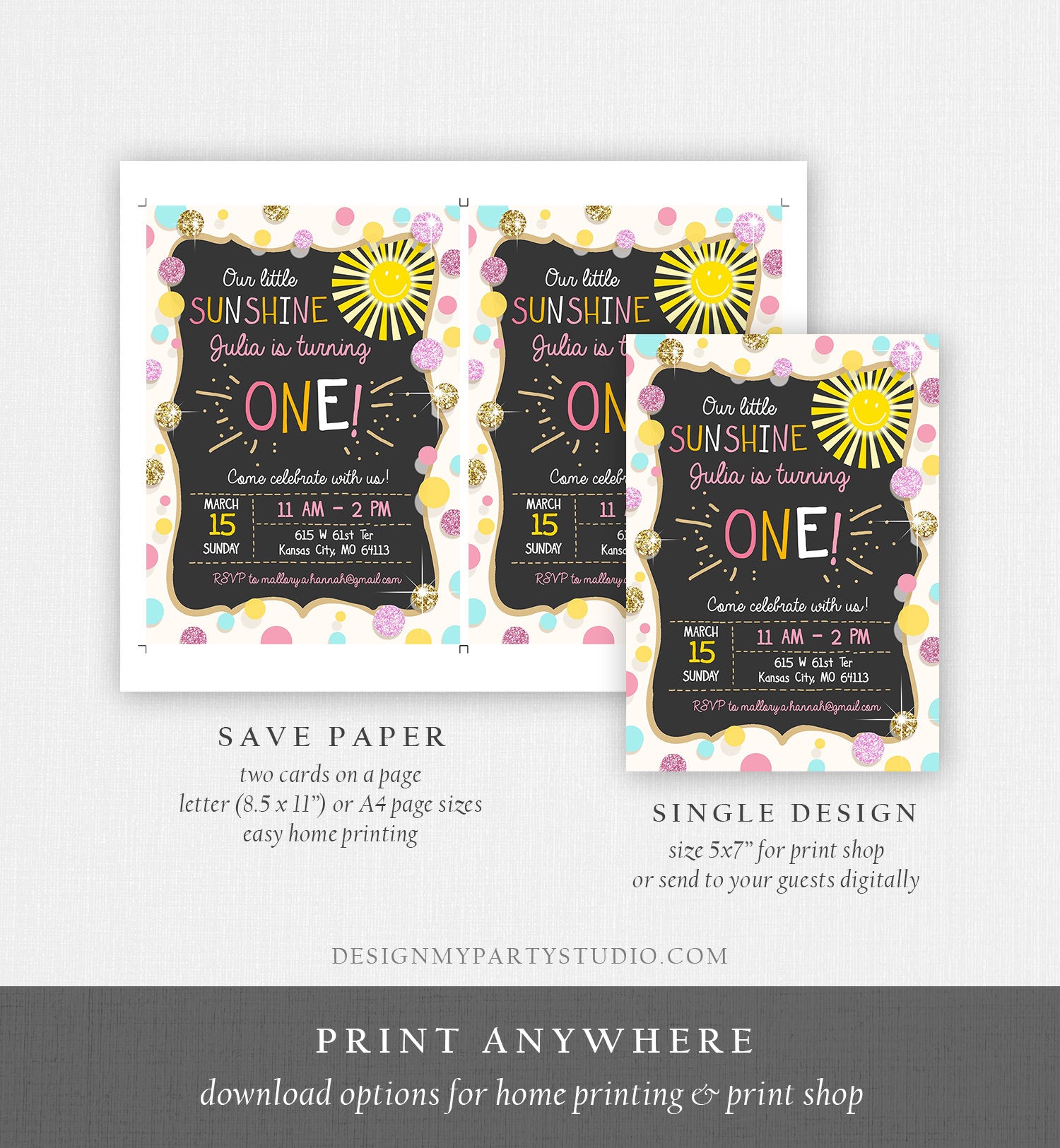 Editable Little Sunshine Birthday Invitation You are My Sunshine Lemonade Girl First Birthday Pink Gold 1st Corjl Template Printable 0097