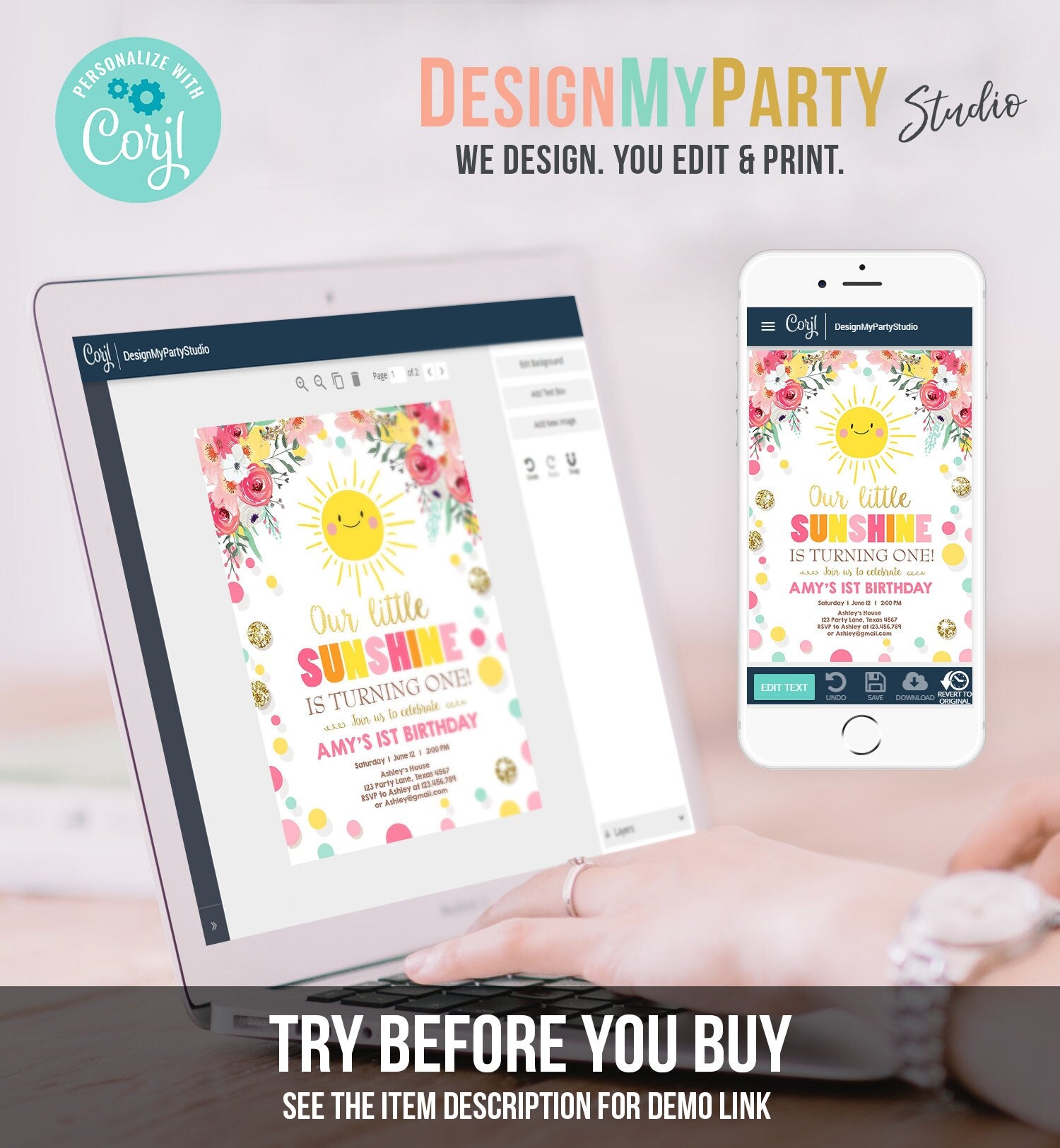 Editable Little Sunshine Birthday Invitation You are My Sunshine Lemonade Girl First Birthday Pink Gold 1st Corjl Template Printable 0244