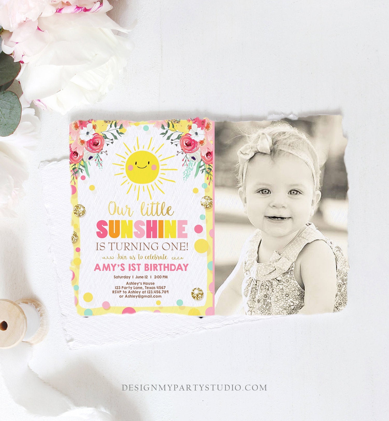 Editable Little Sunshine Birthday Invitation You are My Sunshine Lemonade Girl First Birthday Pink Gold 1st Corjl Template Printable 0244