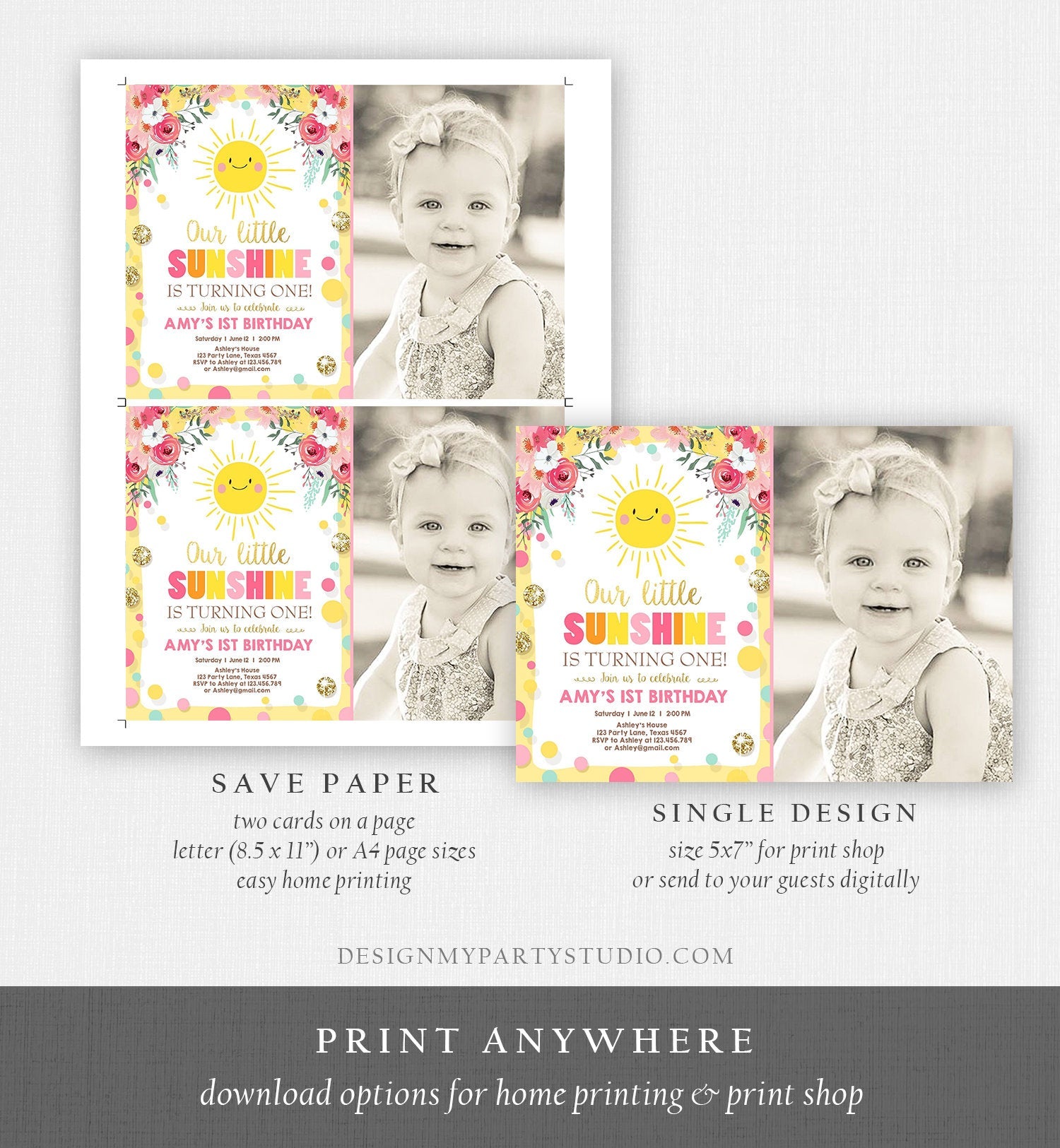 Editable Little Sunshine Birthday Invitation You are My Sunshine Lemonade Girl First Birthday Pink Gold 1st Corjl Template Printable 0244