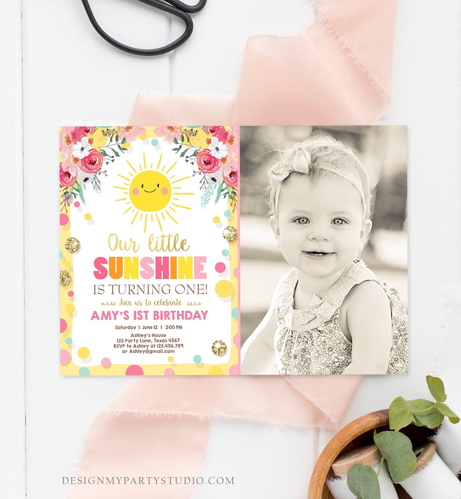 Editable Little Sunshine Birthday Invitation You are My Sunshine Lemonade Girl First Birthday Pink Gold 1st Corjl Template Printable 0244