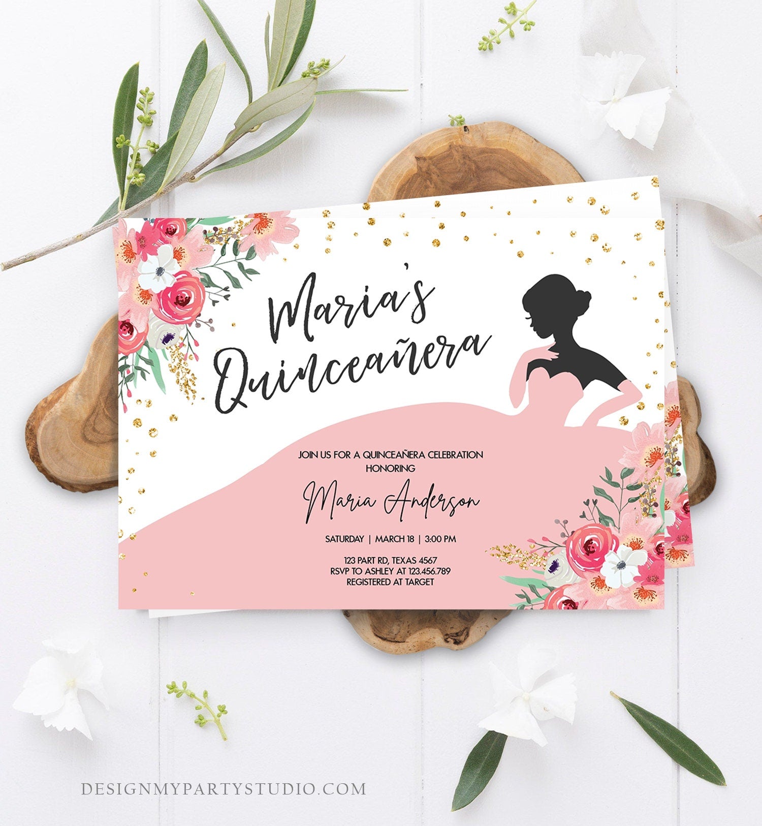 Editable Quinceañera Birthday Party Invitation Ball Fiesta Gown Floral Blush Pink Gold Confetti Flowers Printable Template Corjl 0030