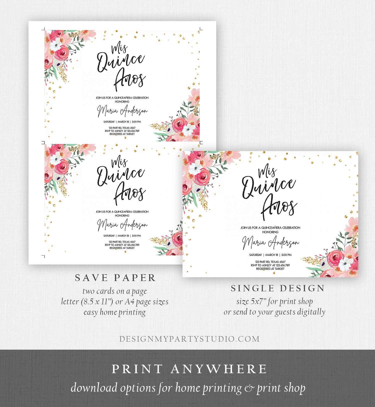 Editable Quinceañera Mis Quince Años Birthday Party Invitation Floral Blush Pink Gold Confetti Flowers Printable Template Corjl 0030 0318