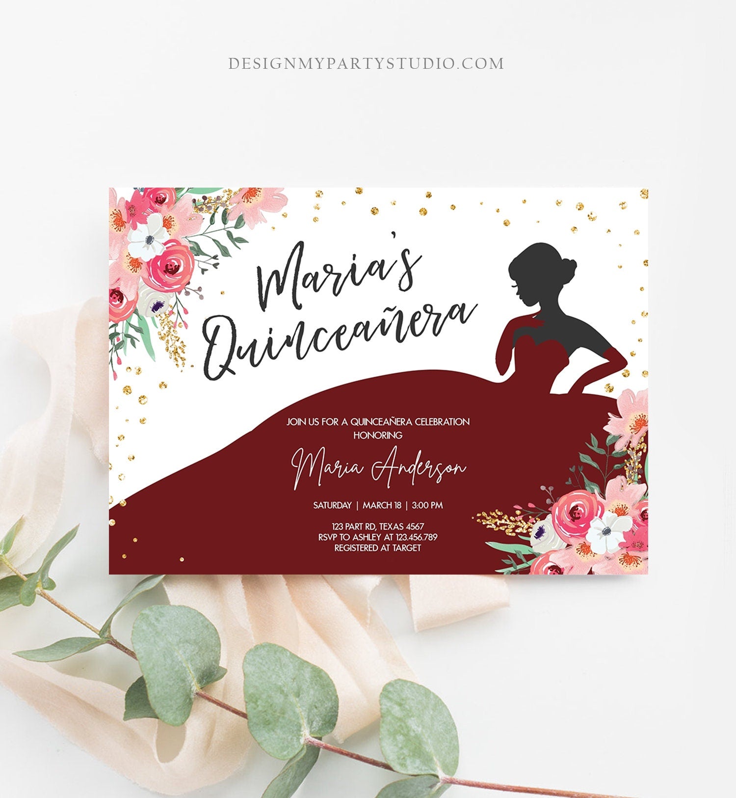 Editable Quinceañera Birthday Party Invitation Ball Fiesta Gown Floral Pink Burgundy Gold Confetti Flowers Printable Template Corjl 0030