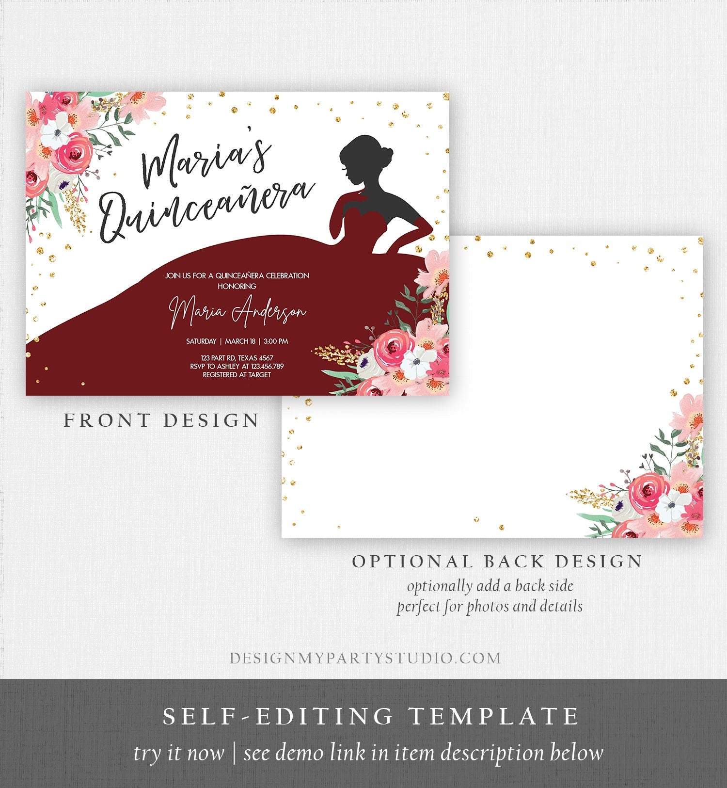 Editable Quinceañera Birthday Party Invitation Ball Fiesta Gown Floral Pink Burgundy Gold Confetti Flowers Printable Template Corjl 0030