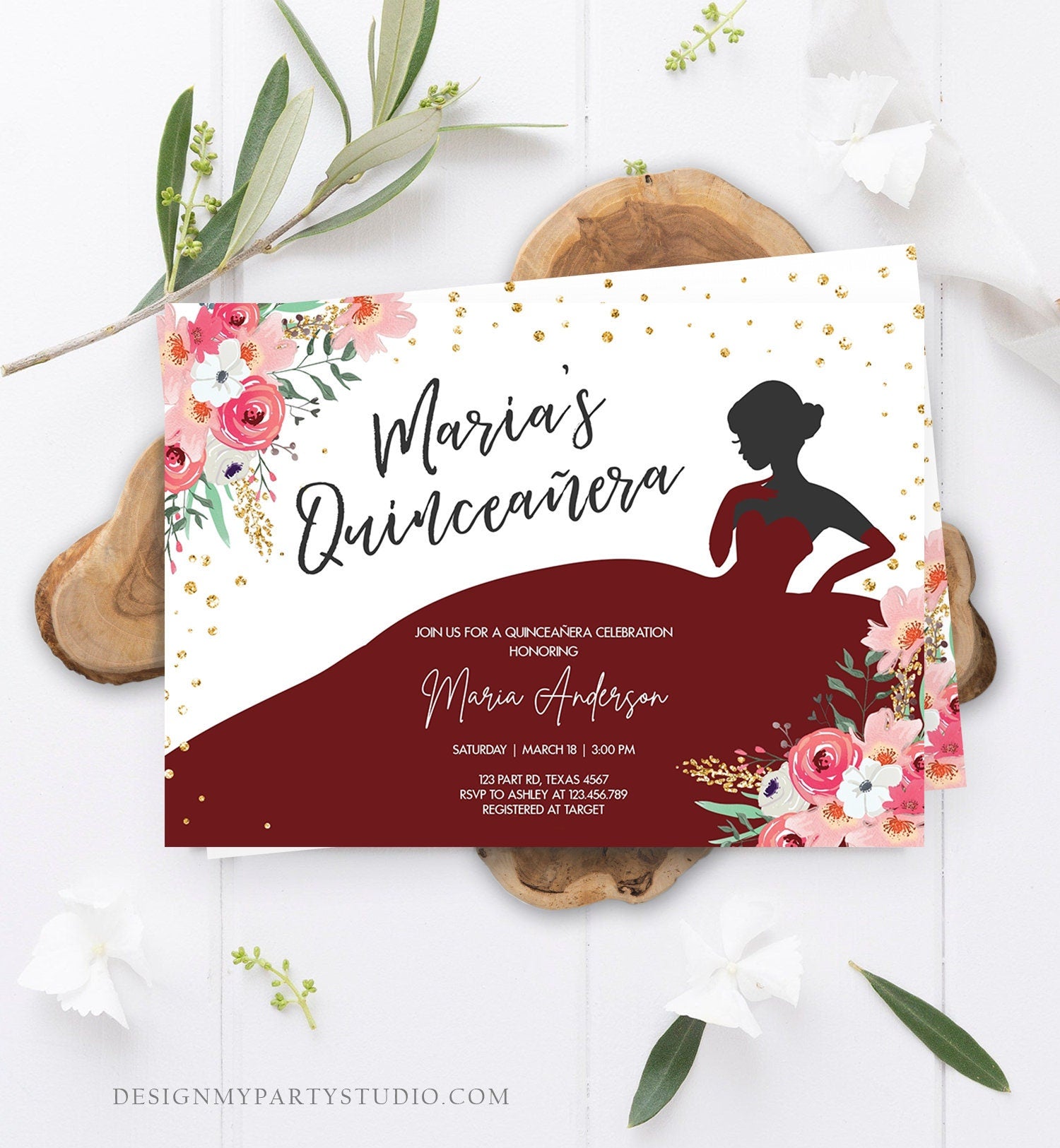 Editable Quinceañera Birthday Party Invitation Ball Fiesta Gown Floral Pink Burgundy Gold Confetti Flowers Printable Template Corjl 0030