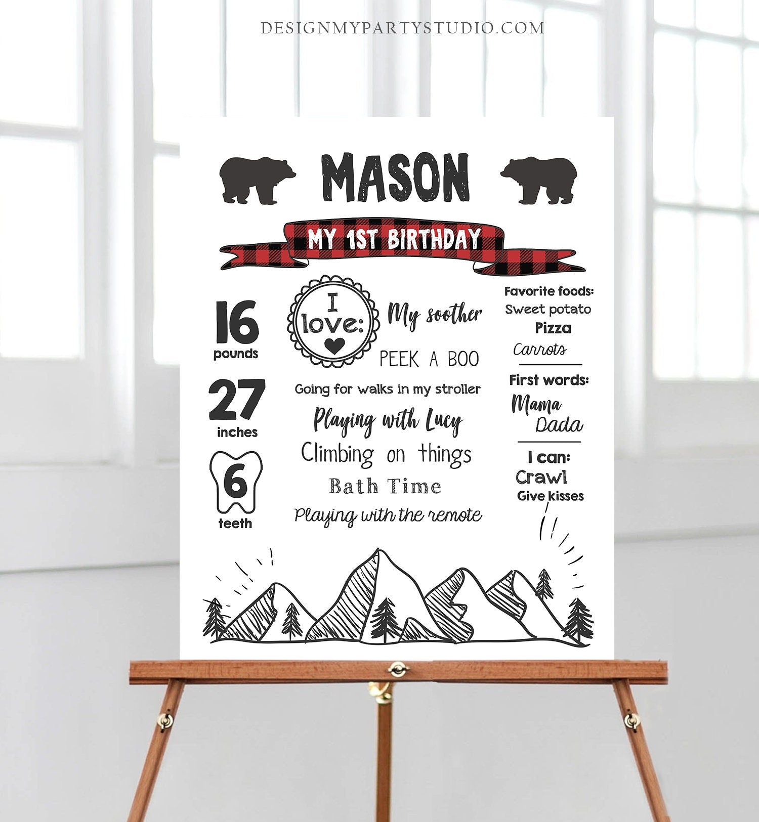 Editable Lumberjack Birthday Milestones Sign Mountains Bears Trees Woodland Boy Red Plaid First Birthday 1st Corjl Template Printable 0377
