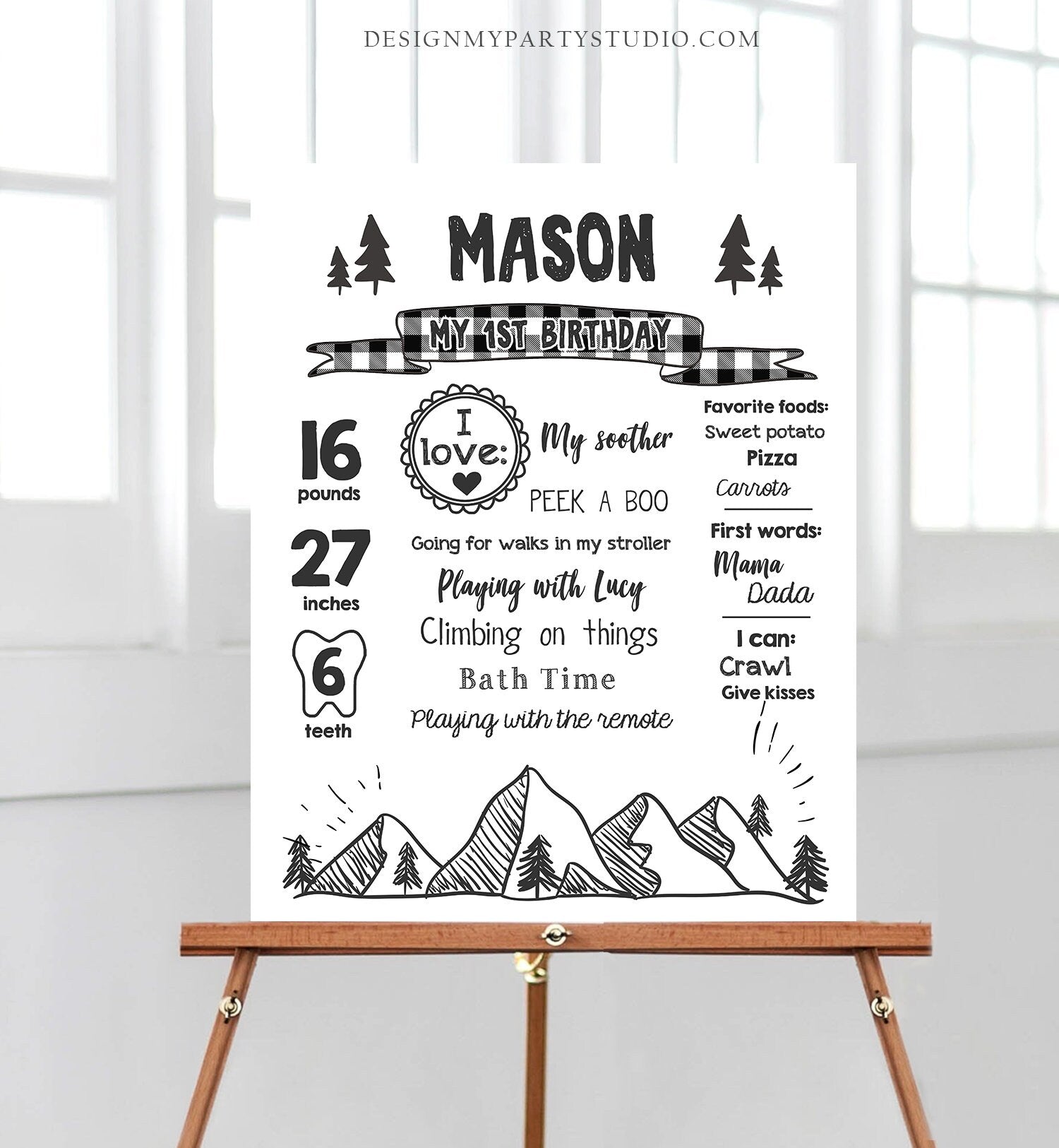 Editable Lumberjack Birthday Milestones Sign Mountains Bears Trees Woodland Boy Black Plaid First Birthday 1st Corjl Template Printable 0377