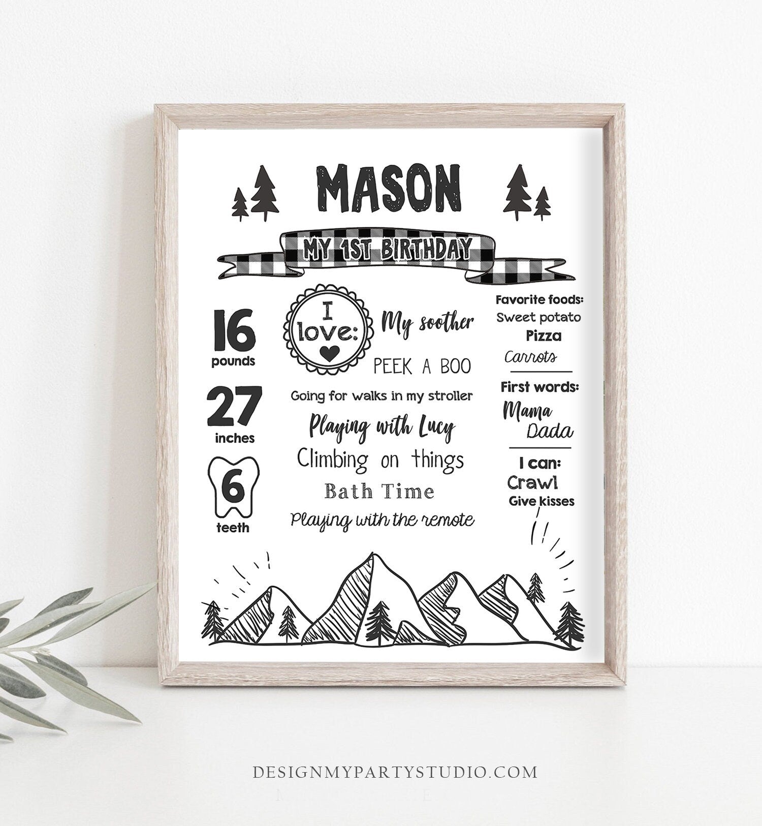 Editable Lumberjack Birthday Milestones Sign Mountains Bears Trees Woodland Boy Black Plaid First Birthday 1st Corjl Template Printable 0377