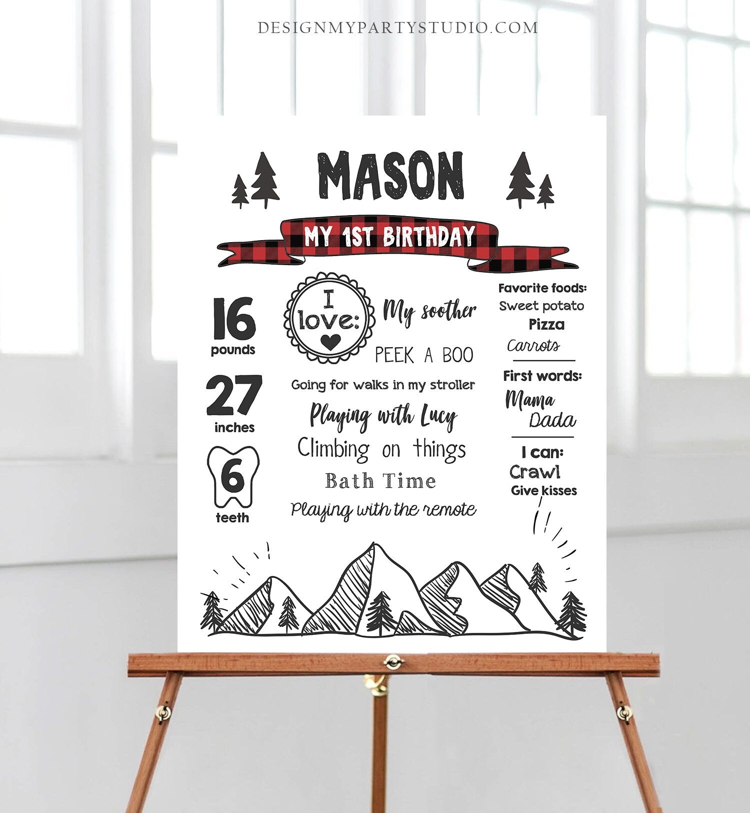 Editable Lumberjack Birthday Milestones Sign Mountains Bears Trees Woodland Boy Red Plaid First Birthday 1st Corjl Template Printable 0377