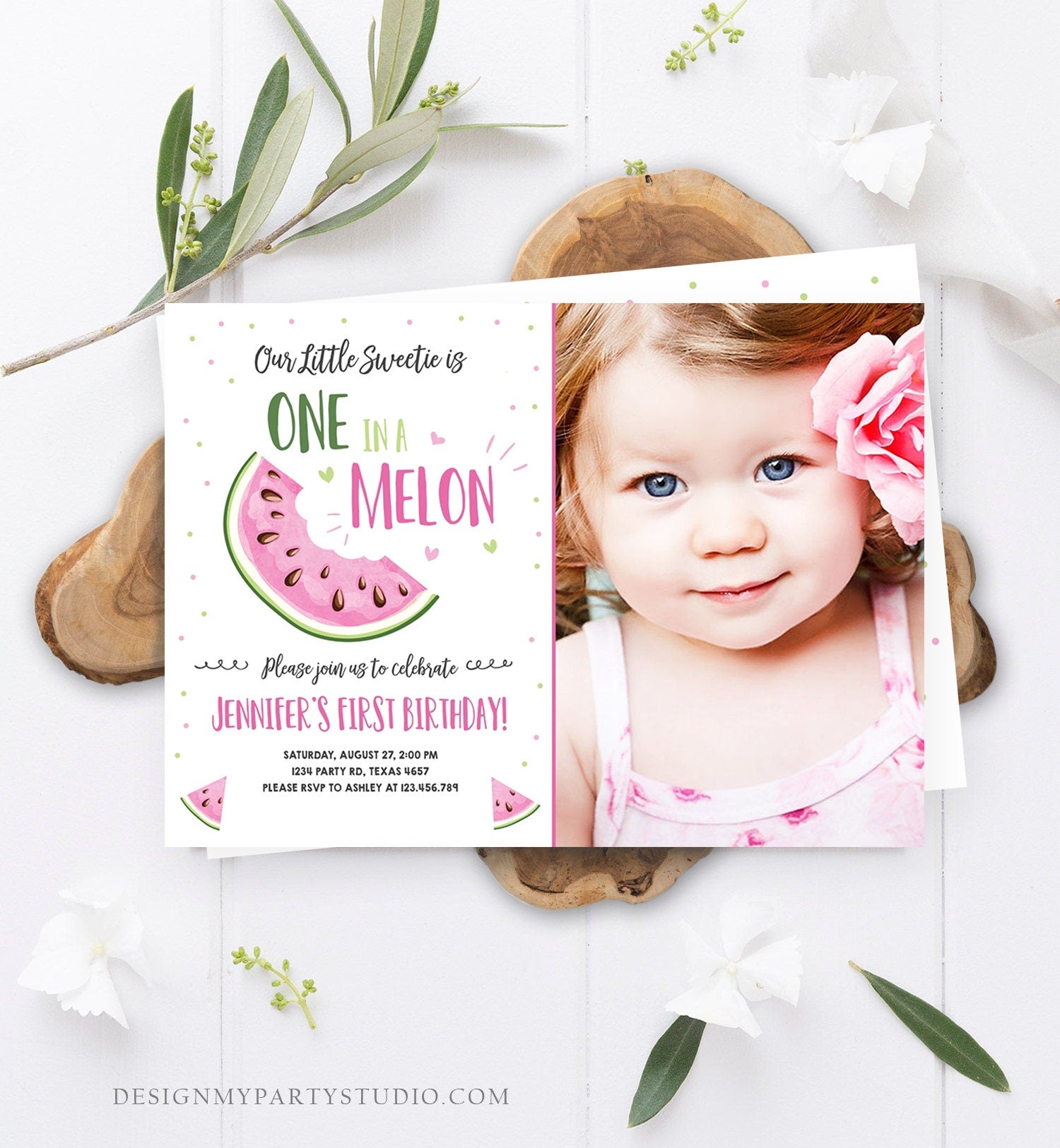 Editable Watermelon Birthday Invitation Girl Pink Red One in a Melon Party Summer Fruit First Birthday 1st Corjl Template Printable 0326