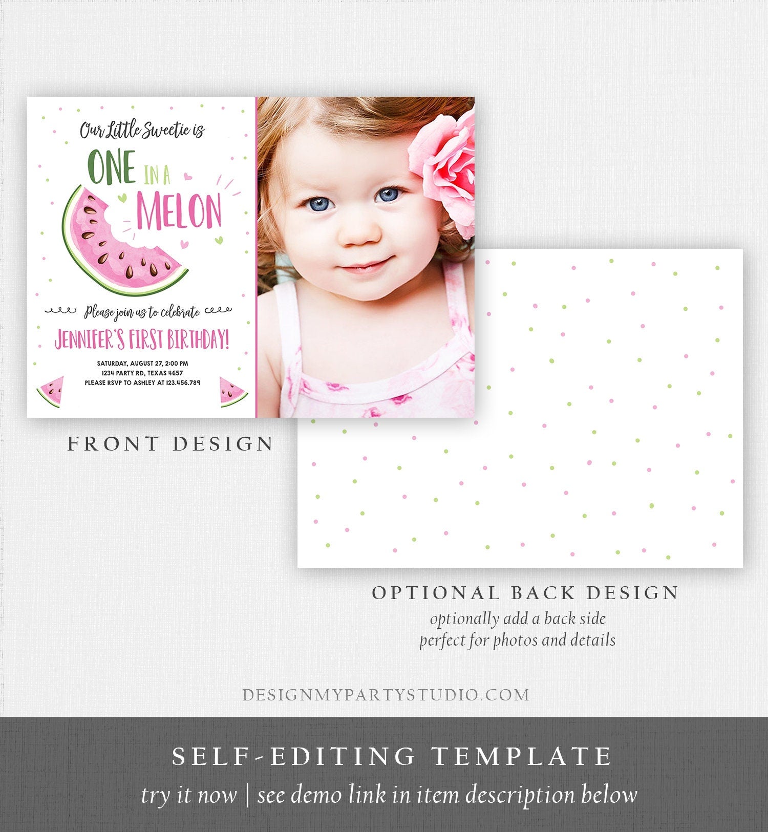 Editable Watermelon Birthday Invitation Girl Pink Red One in a Melon Party Summer Fruit First Birthday 1st Corjl Template Printable 0326