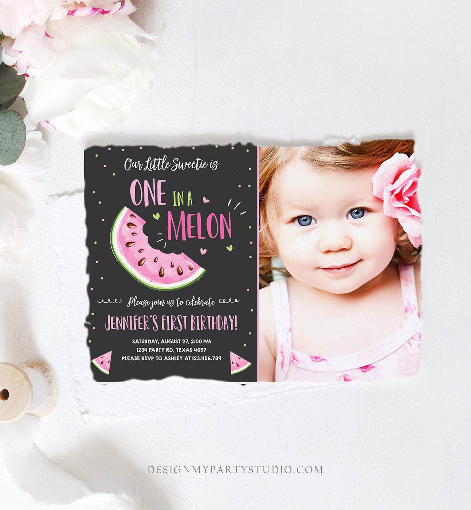 Editable Watermelon Birthday Invitation Girl Pink Red One in a Melon Party Summer Fruit First Birthday 1st Corjl Template Printable 0326