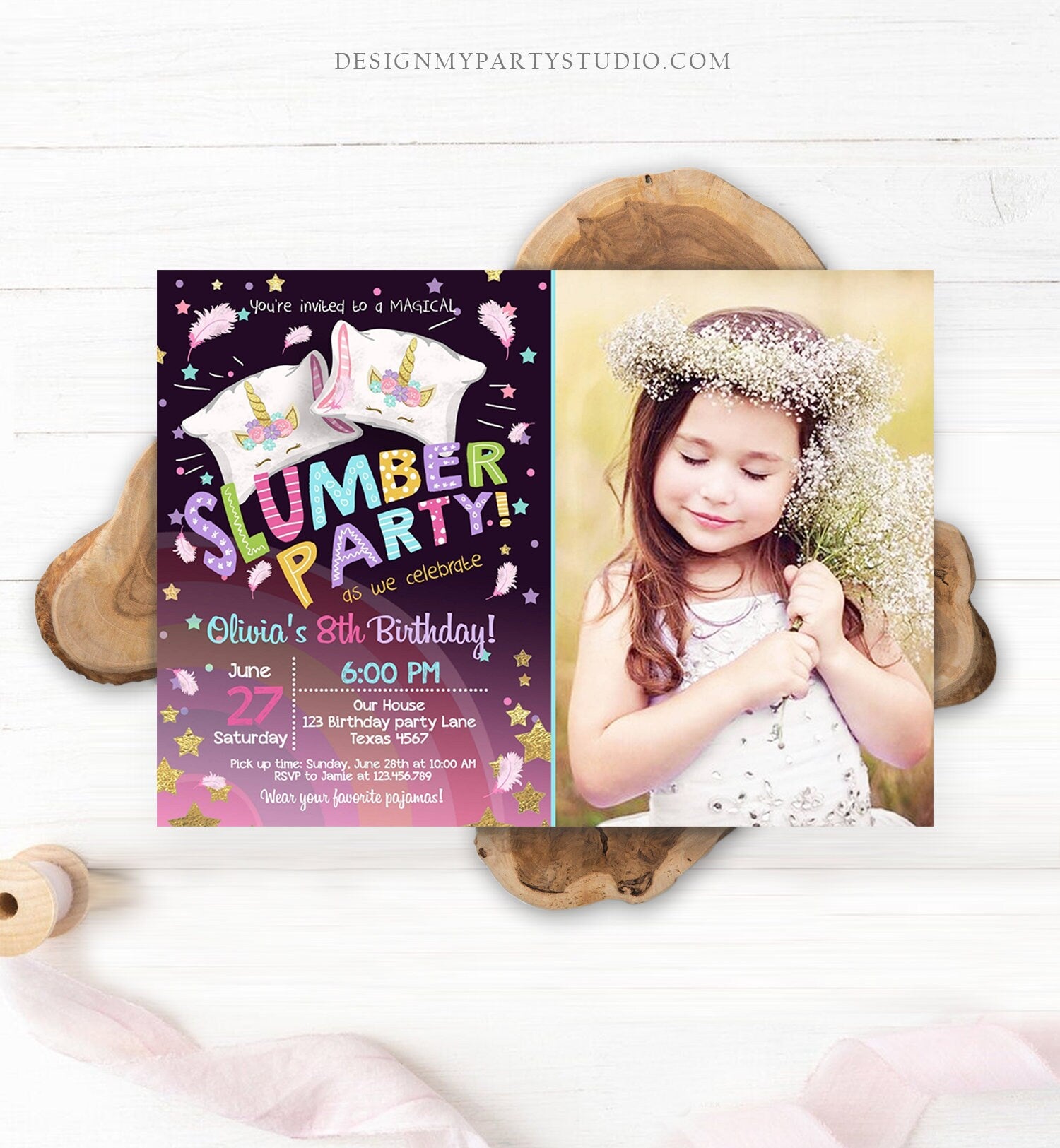 Editable Unicorn Slumber Party Birthday Invitation Sleepover Pyjamas Girl Pink Gold Rainbow Gold Download Printable Corjl Template 0328