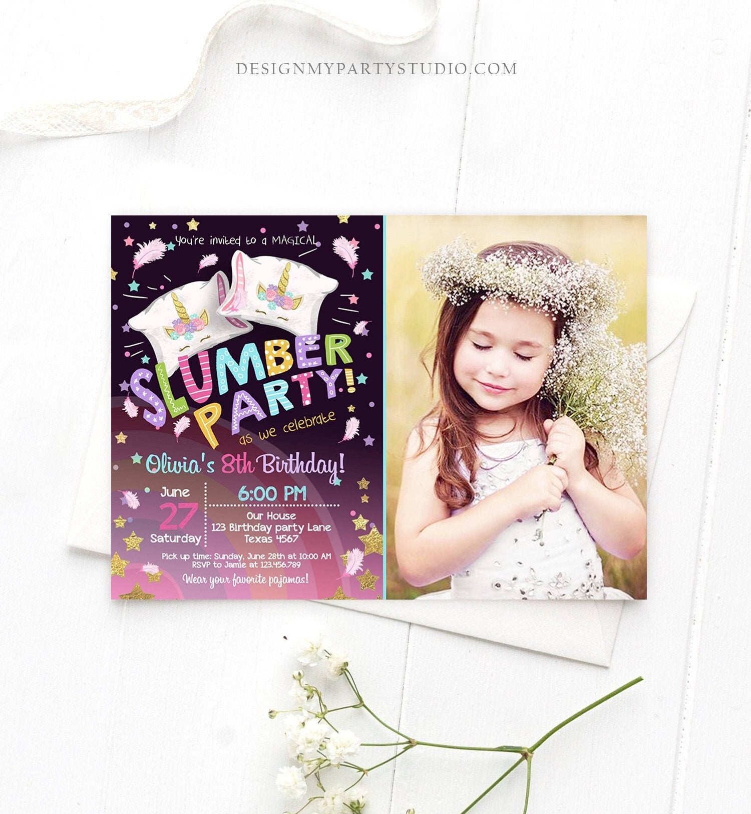 Editable Unicorn Slumber Party Birthday Invitation Sleepover Pyjamas Girl Pink Gold Rainbow Gold Download Printable Corjl Template 0328