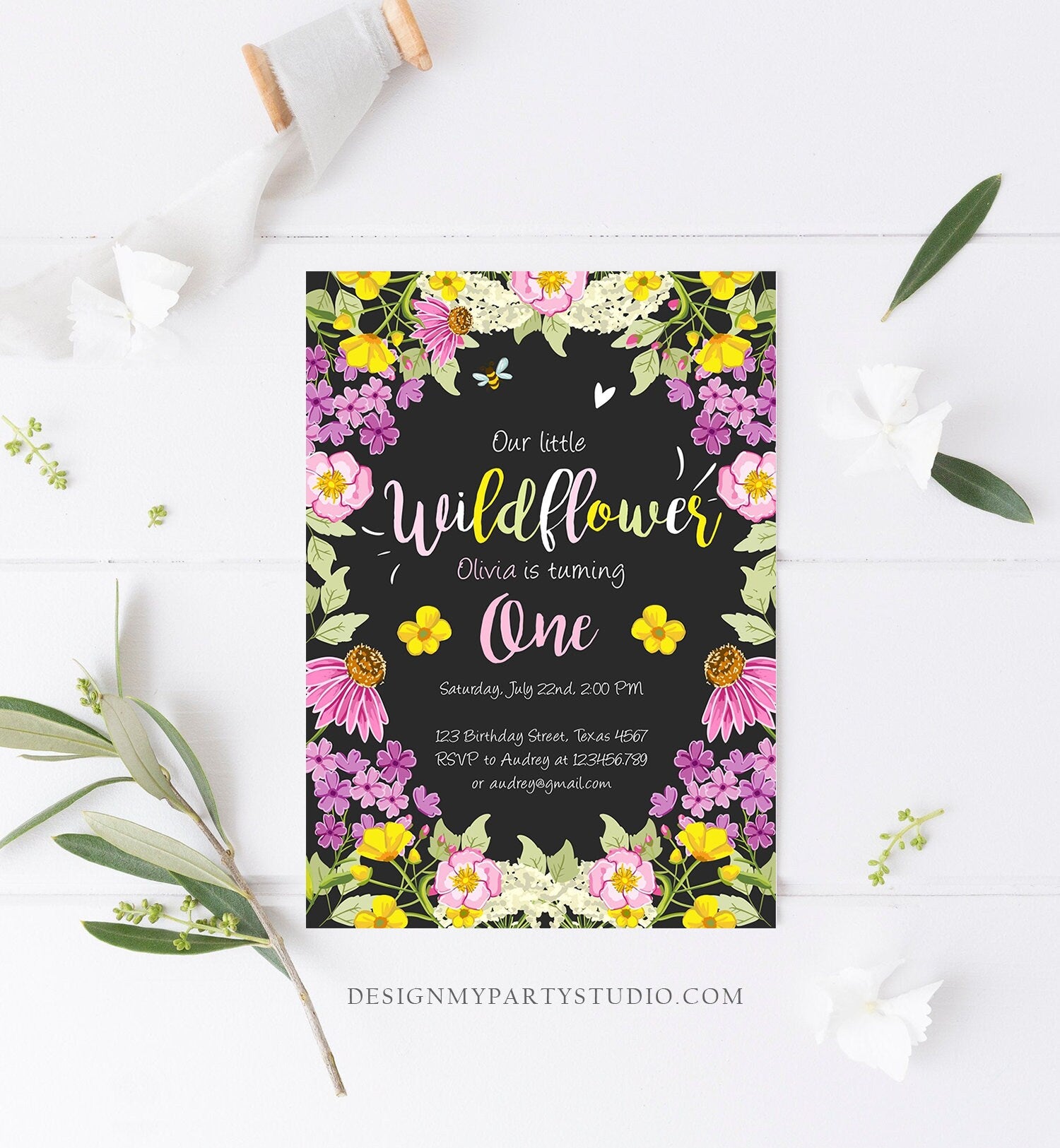 Editable Little Wildflower Birthday Invitation ANY AGE Floral Wild Flower Pink Girl First Birthday 1st Corjl Template Printable 0217