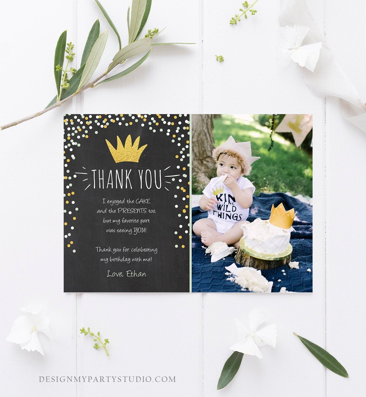 Editable Thank You Card Wild One Thank you Note Black Gold Crown Wild Things Boy Birthday Download Printable Template Corjl Digital 0099