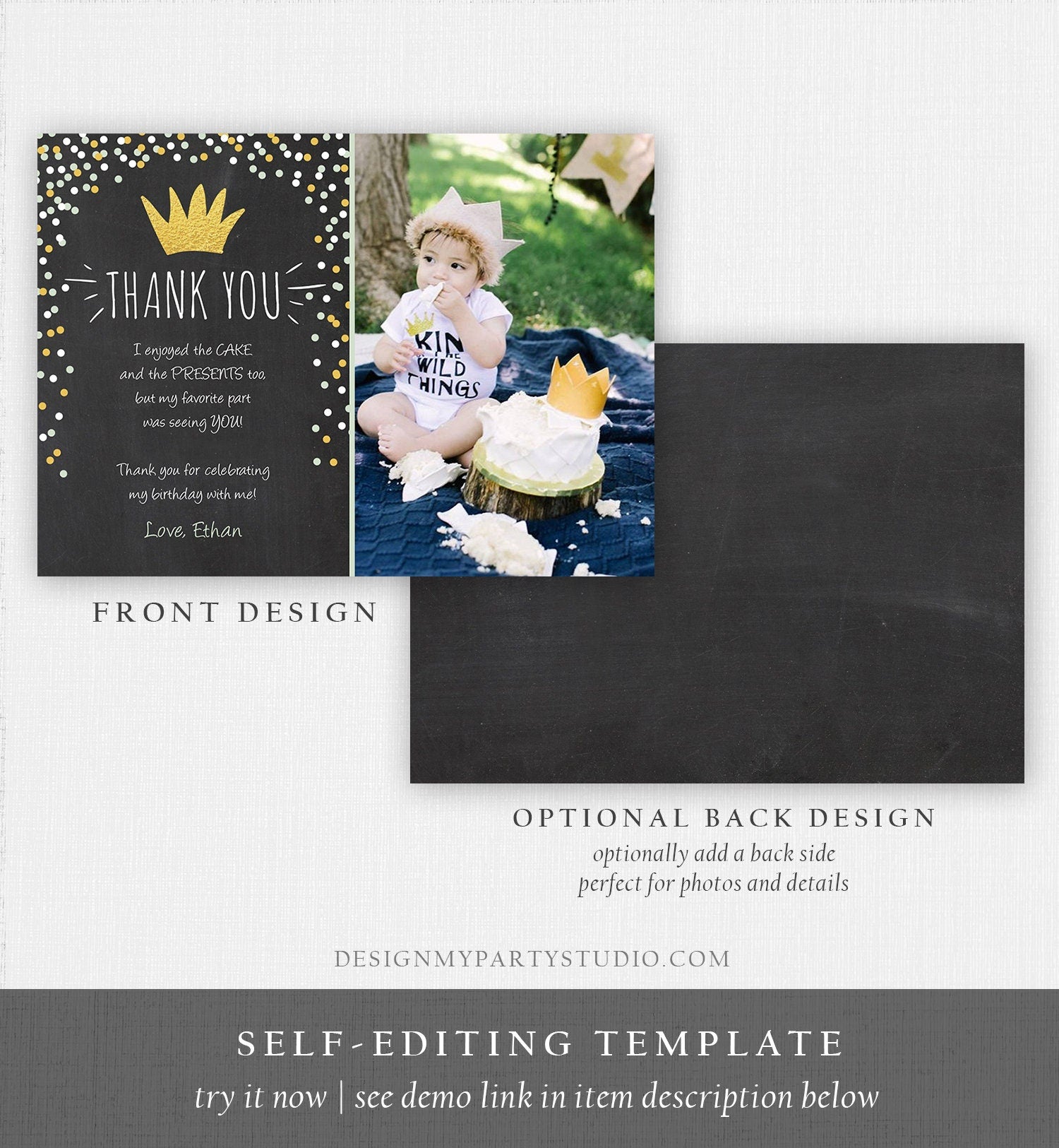 Editable Thank You Card Wild One Thank you Note Black Gold Crown Wild Things Boy Birthday Download Printable Template Corjl Digital 0099