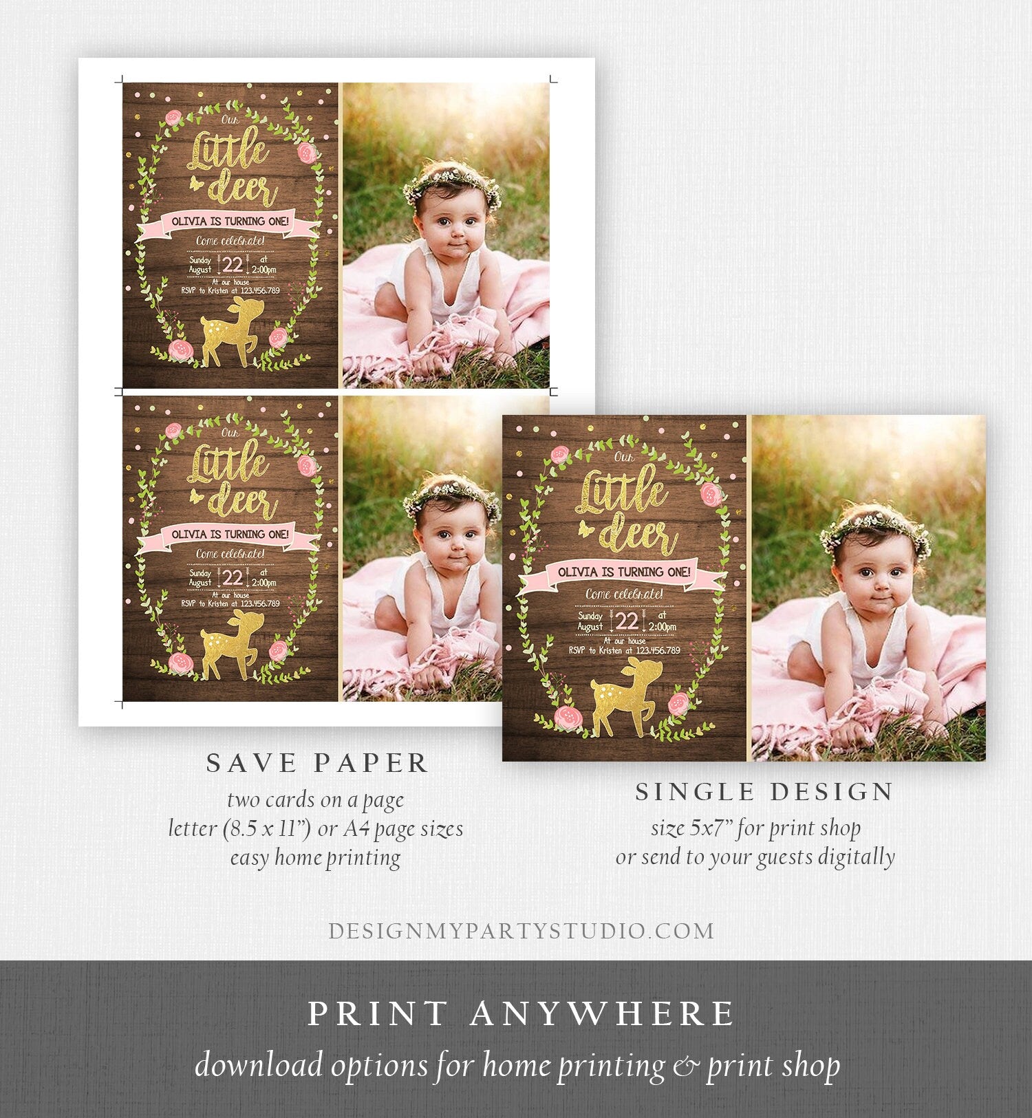 Editable Our Little Deer Birthday Invitation Pink and Gold Girl Birthday Floral Woodland Download Printable Template Corjl Digital 0085