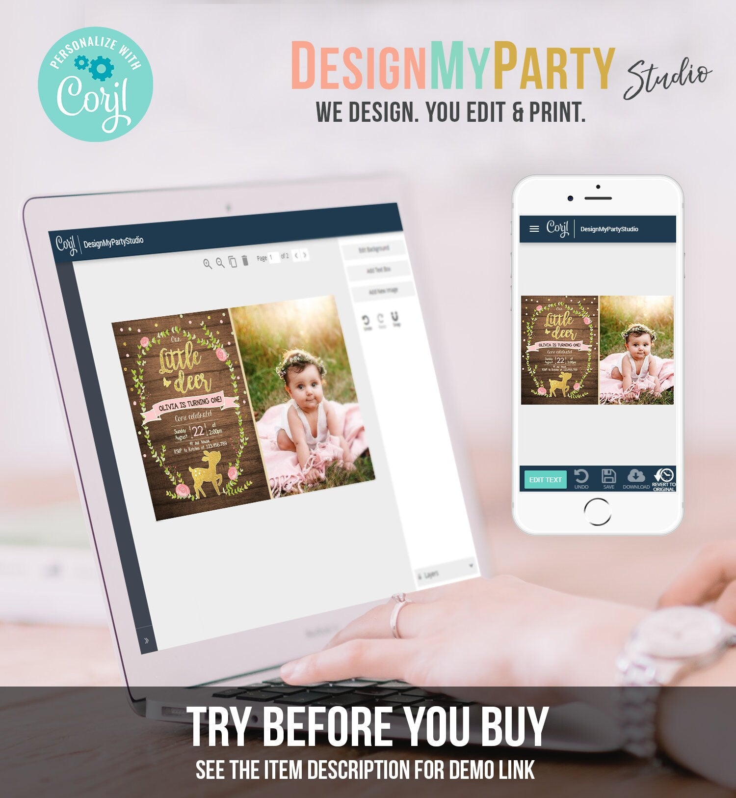 Editable Our Little Deer Birthday Invitation Pink and Gold Girl Birthday Floral Woodland Download Printable Template Corjl Digital 0085