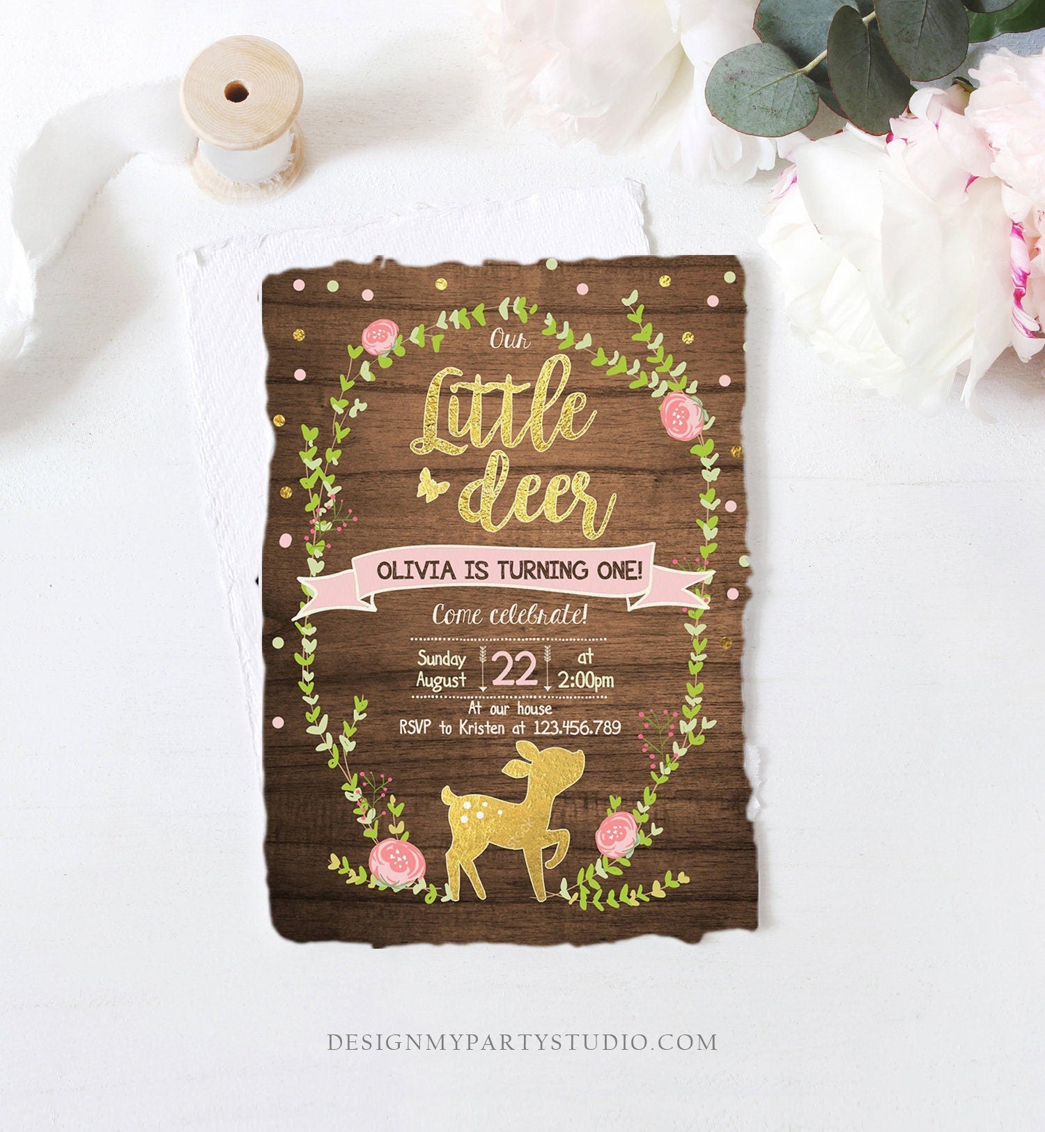 Editable Our Little Deer Birthday Invitation Pink and Gold Girl Birthday Floral Woodland Download Printable Template Corjl Digital 0085